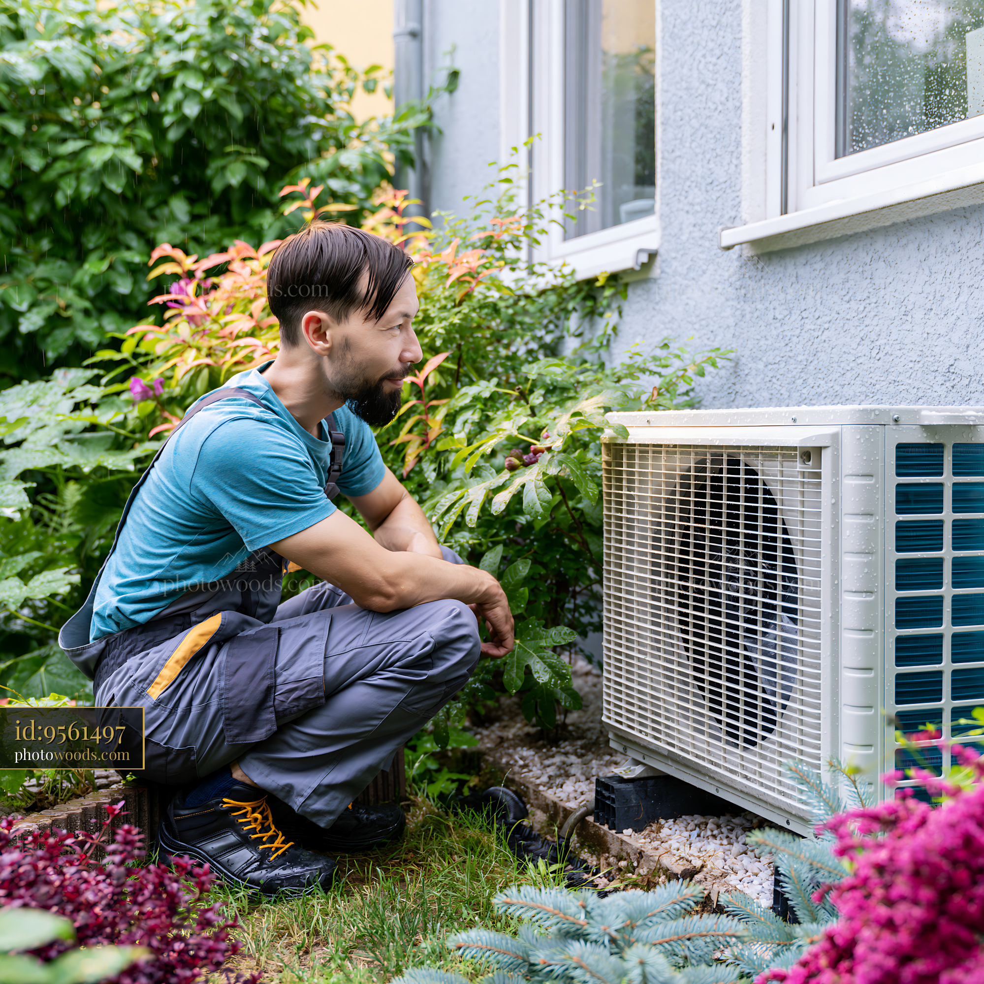 Technician Installing a Heat Pump Next to a House in a Garden