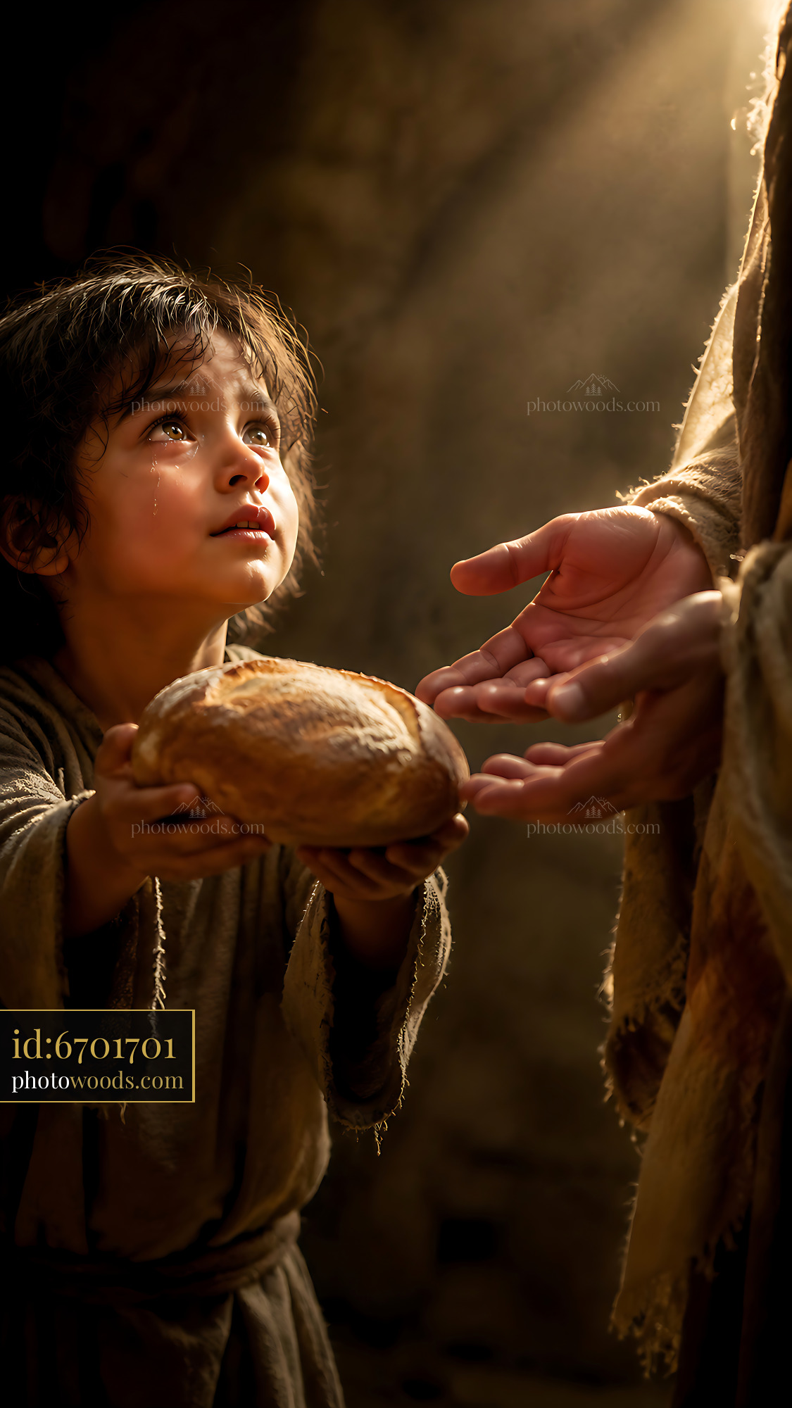 Child Reaching for Bread While Looking up to a Hand With Light
