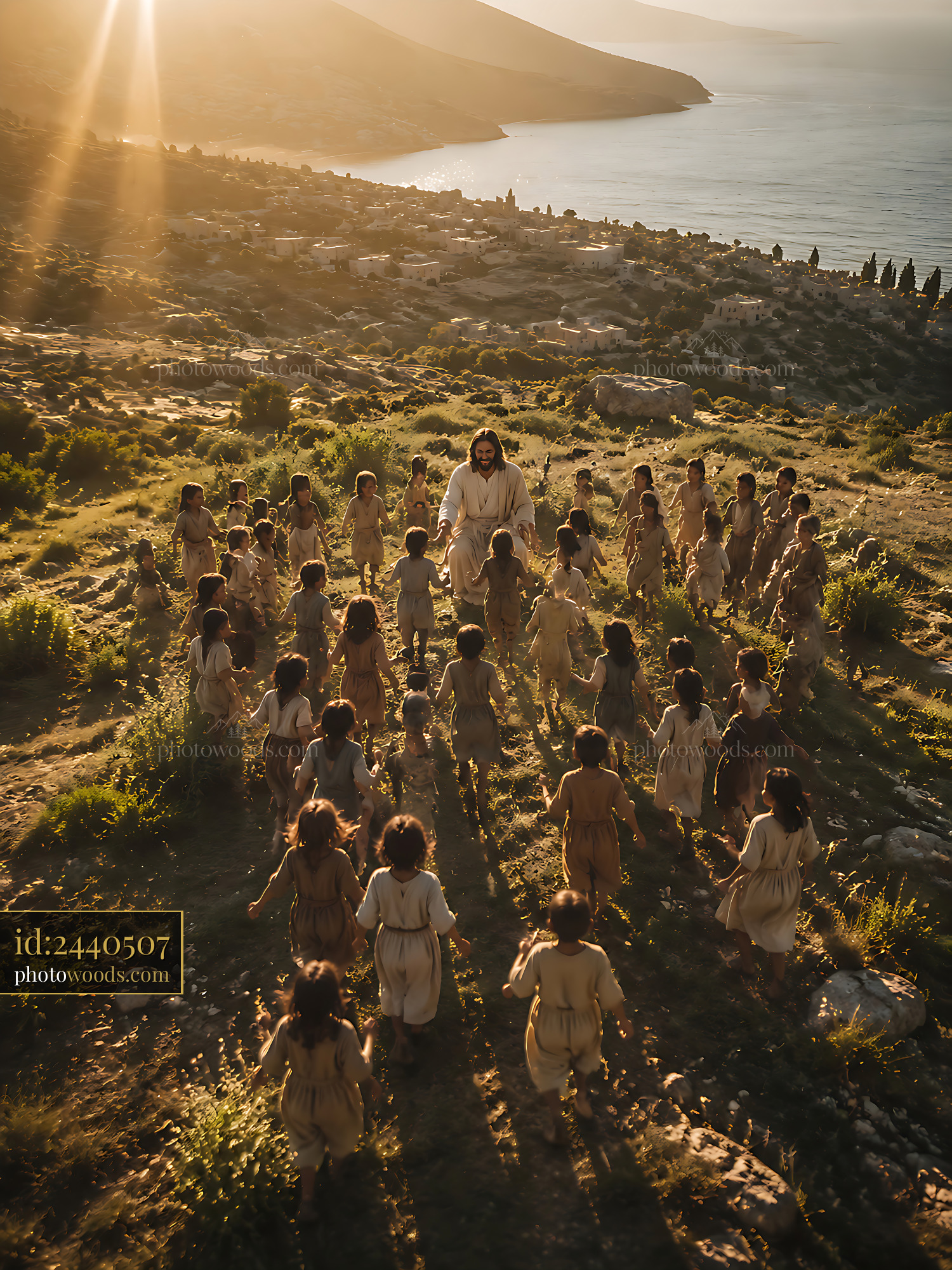 Jesus Walks Among Children on Hillside at Sunset Near Water