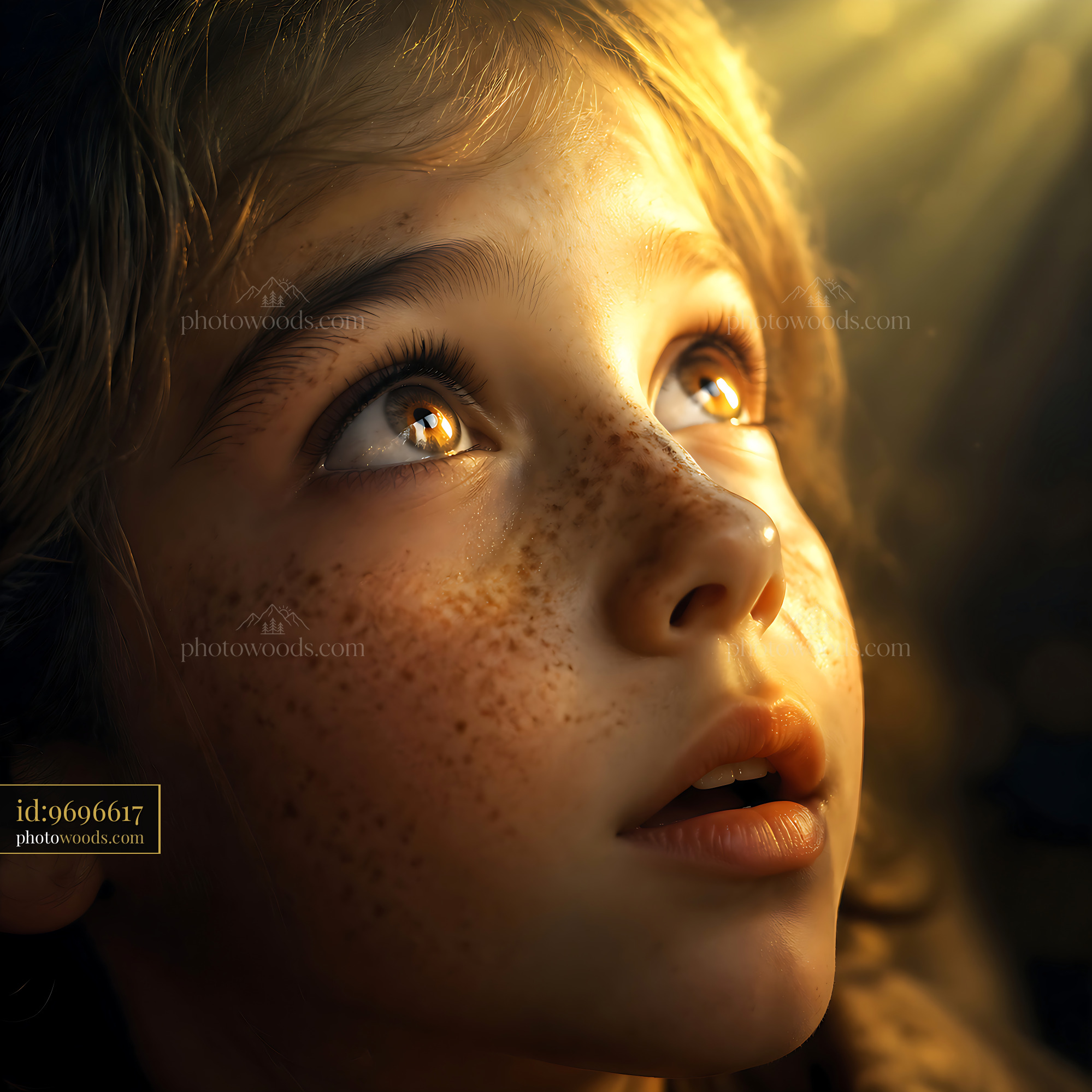 Child Gazing Upward With Wonder in Soft Golden Light