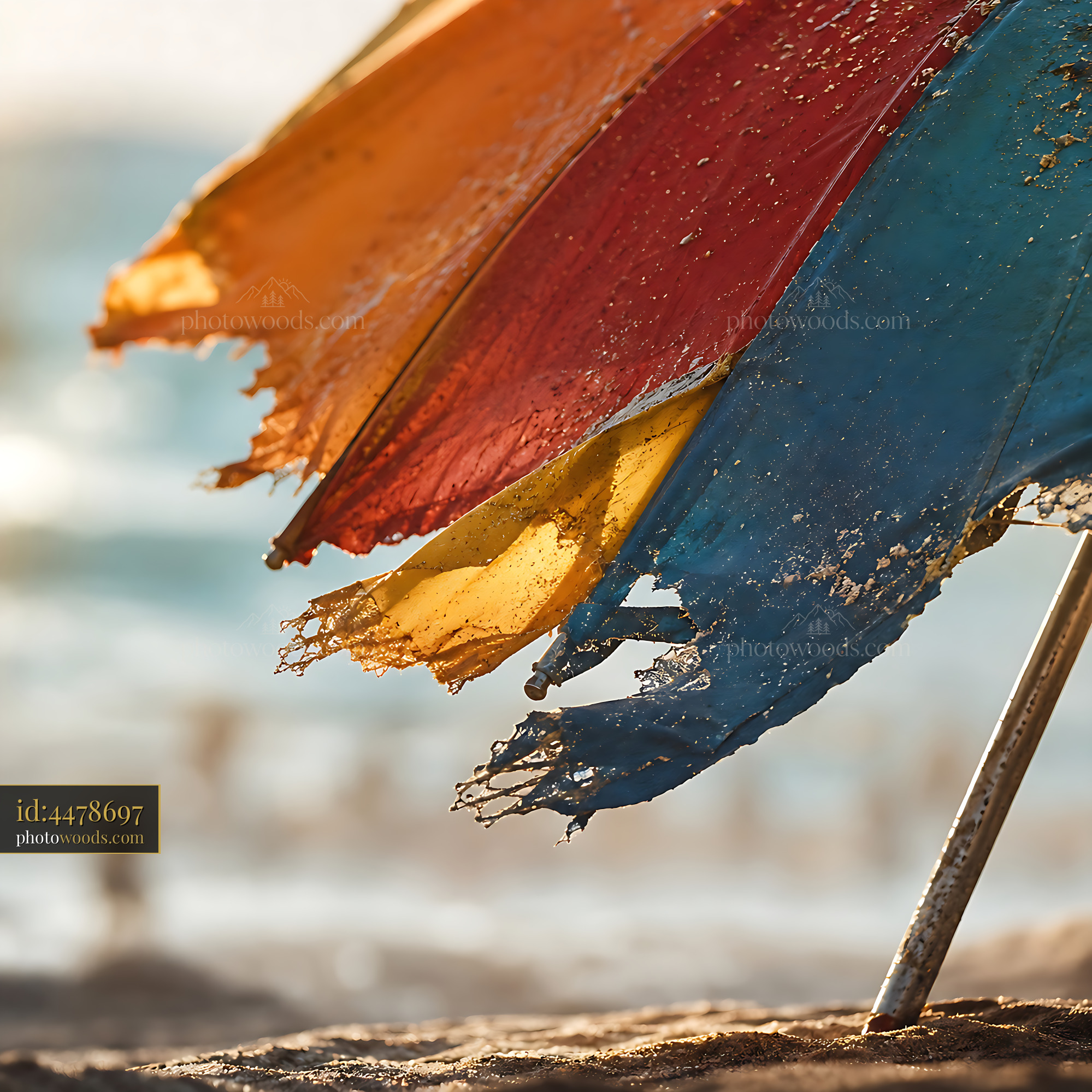 Beach Umbrella Showing Wear and Tear on Sandy Shore