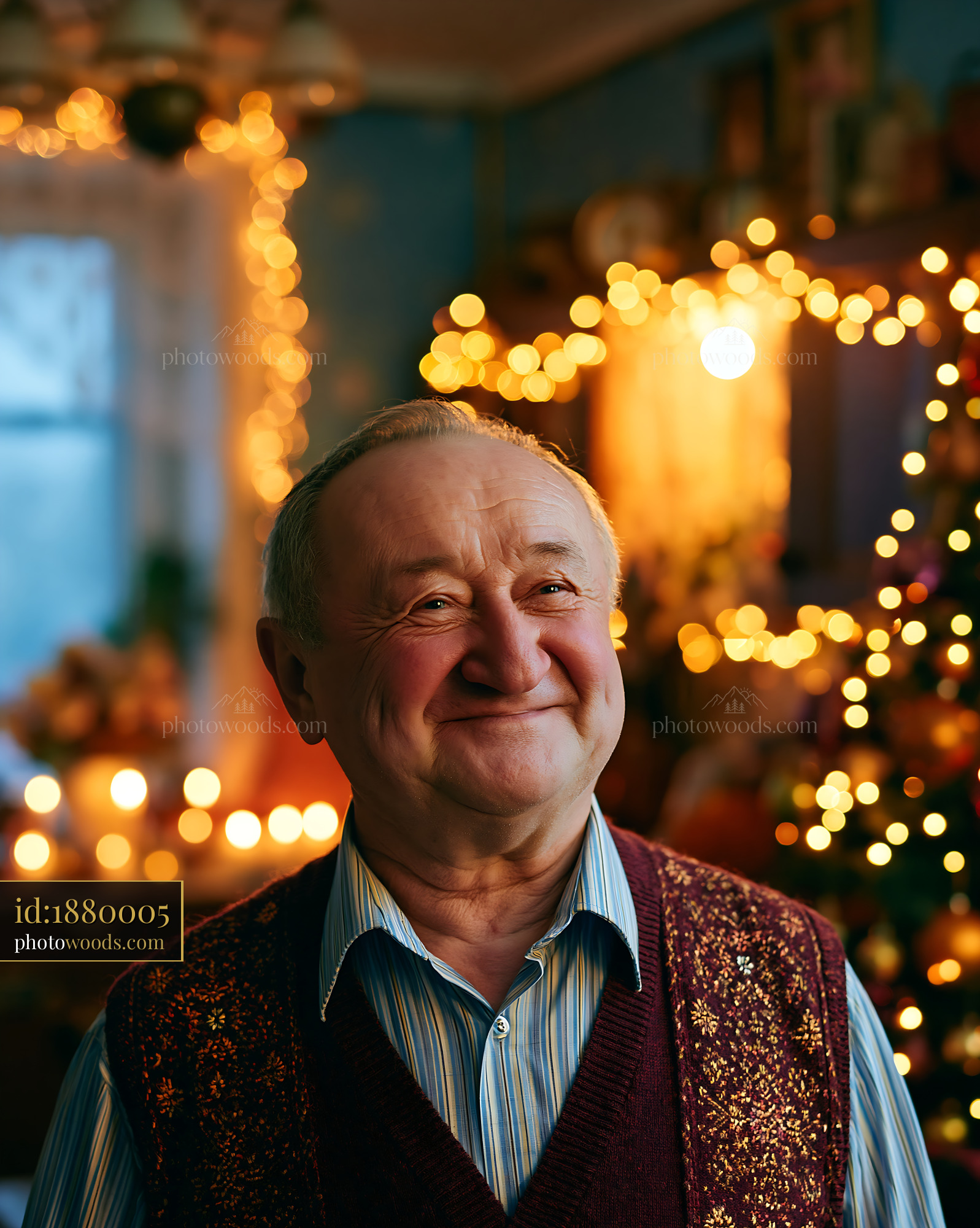 Elderly Man Smiles in a Cozy Room Decorated for Holidays