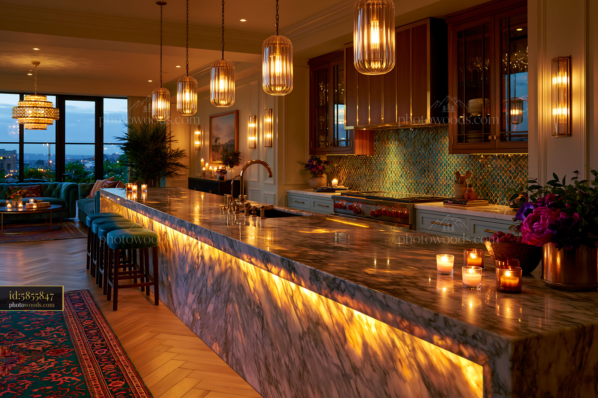Palatial Chef's Kitchen With Marble Waterfall and Evening Light