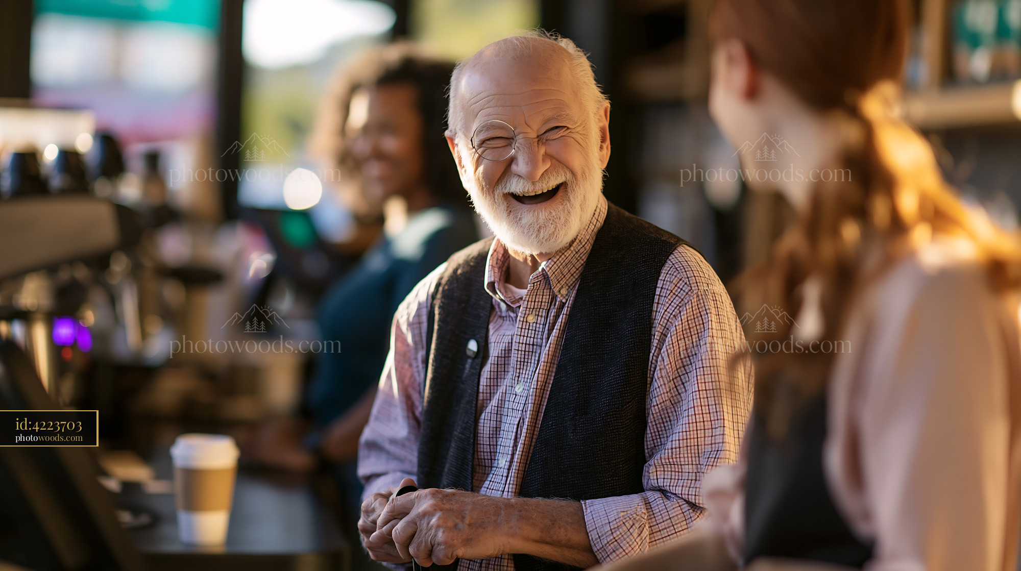Cheerful Older Man With White Cane Laughing in Coffee Shop