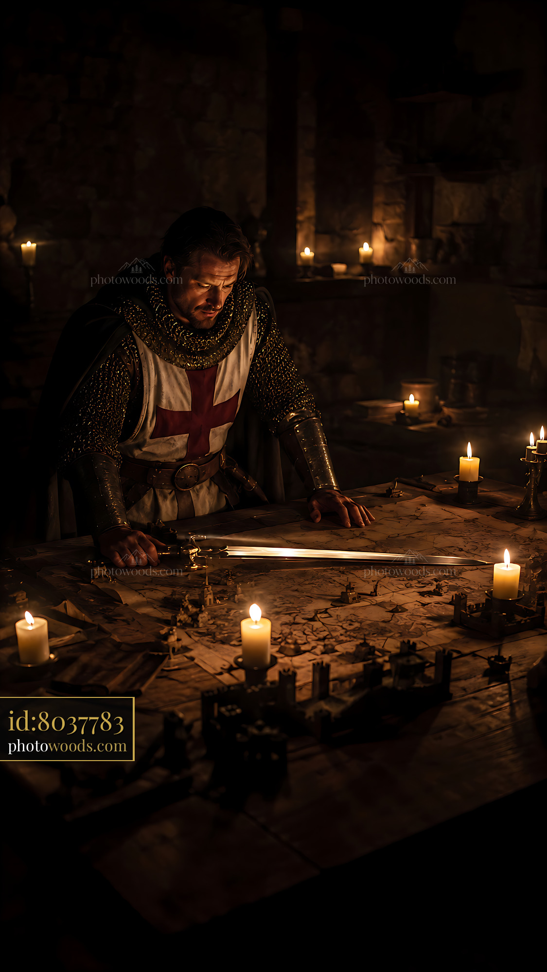 Knight Reviews Battle Plans at Candlelit Table in Ancient Castle