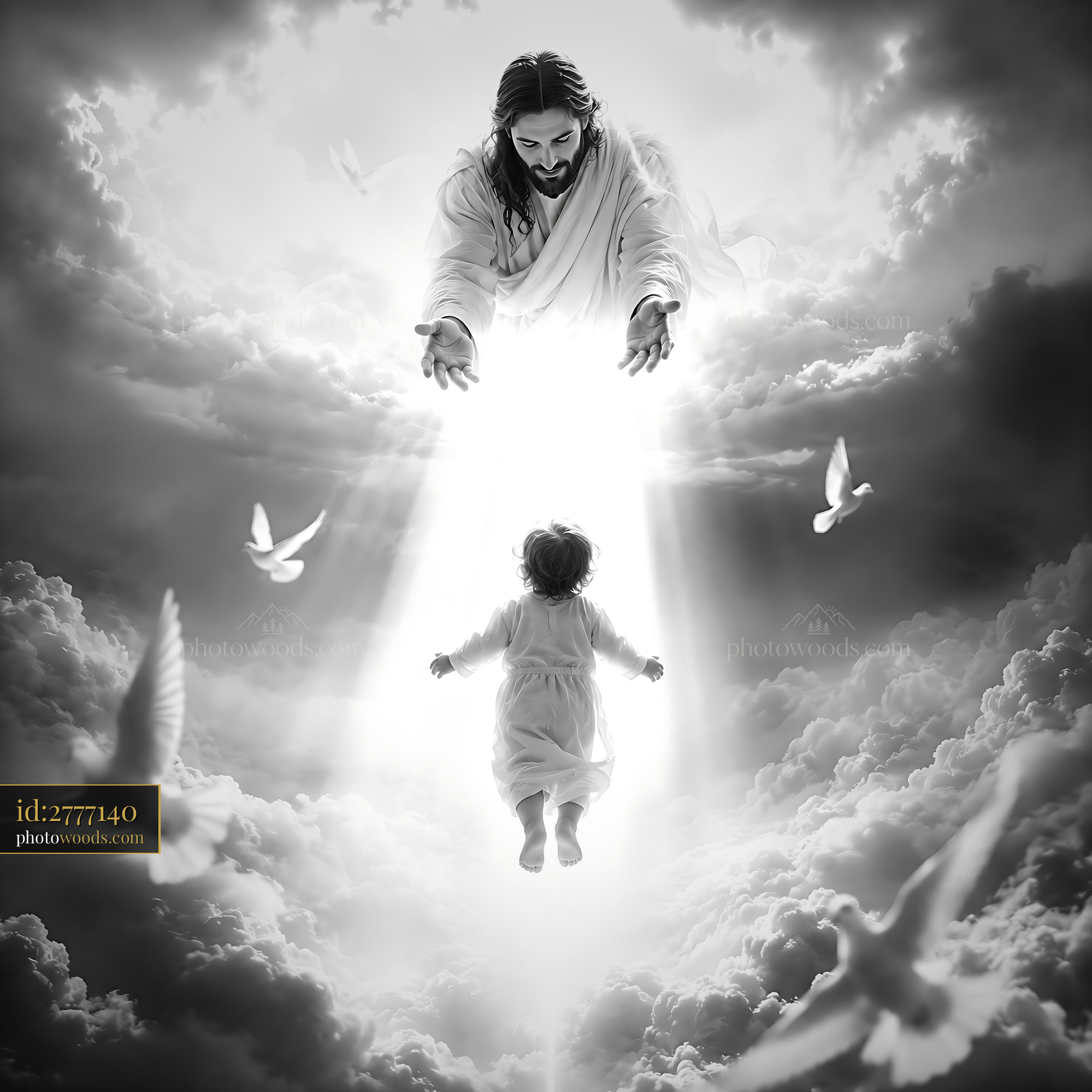 Jesus Reaching out to a Child Surrounded by Bright Clouds