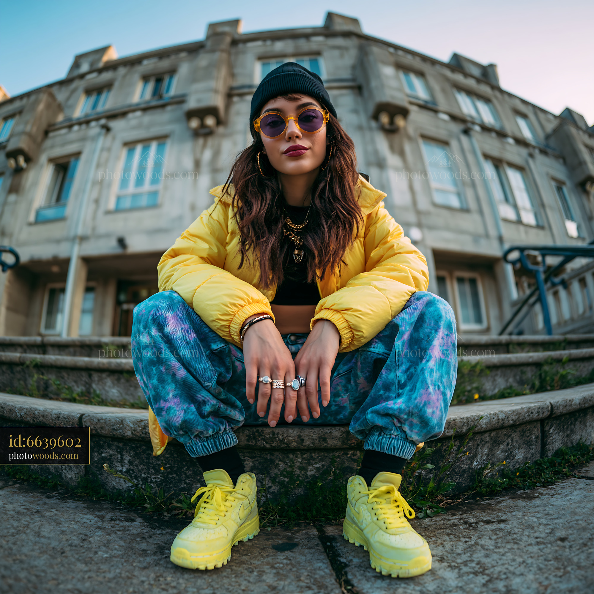 Striking Woman in Cropped Puffer Jacket on City Steps