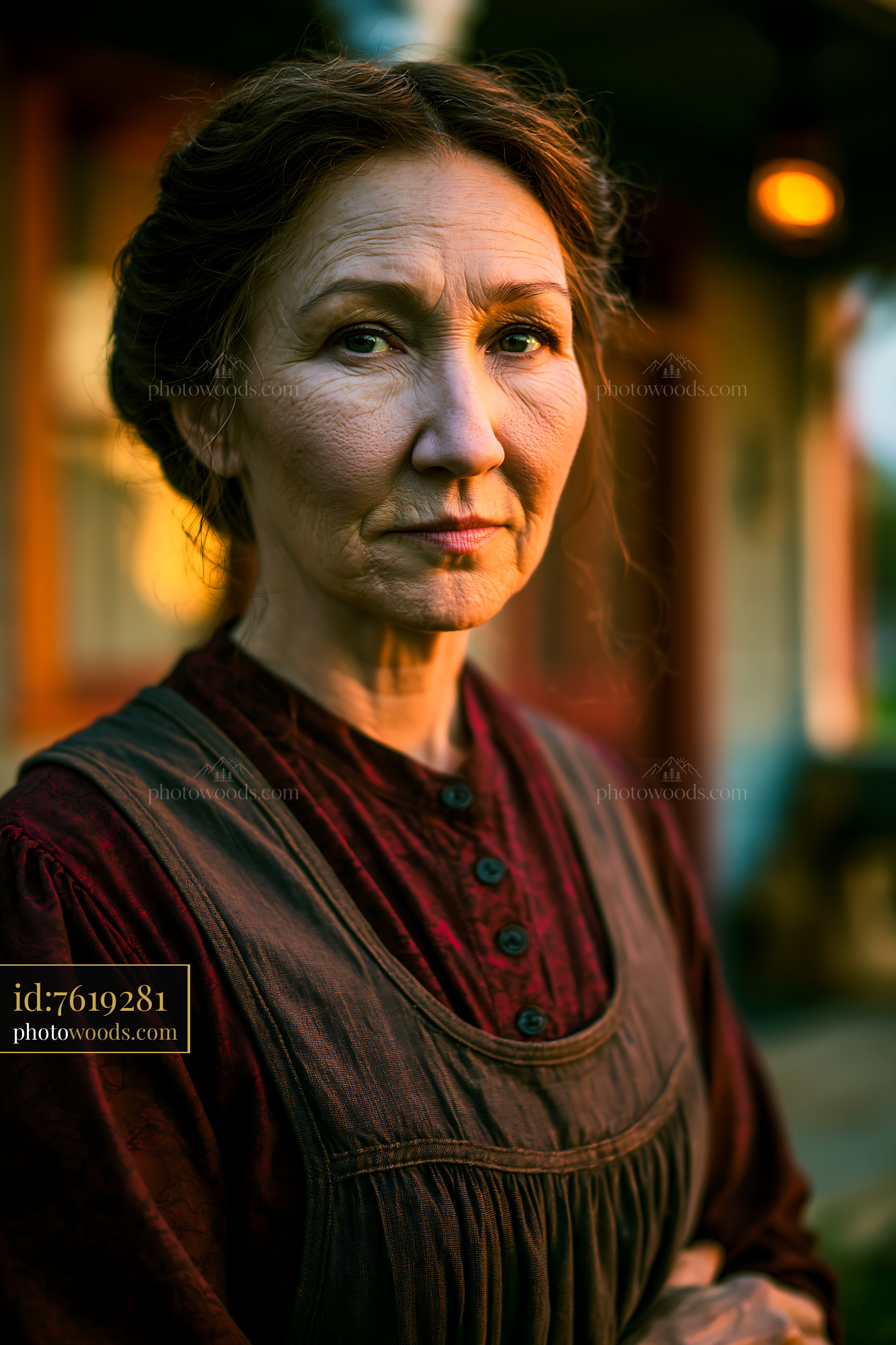 Woman With Serious Expression Standing Outside a Building at Sunset