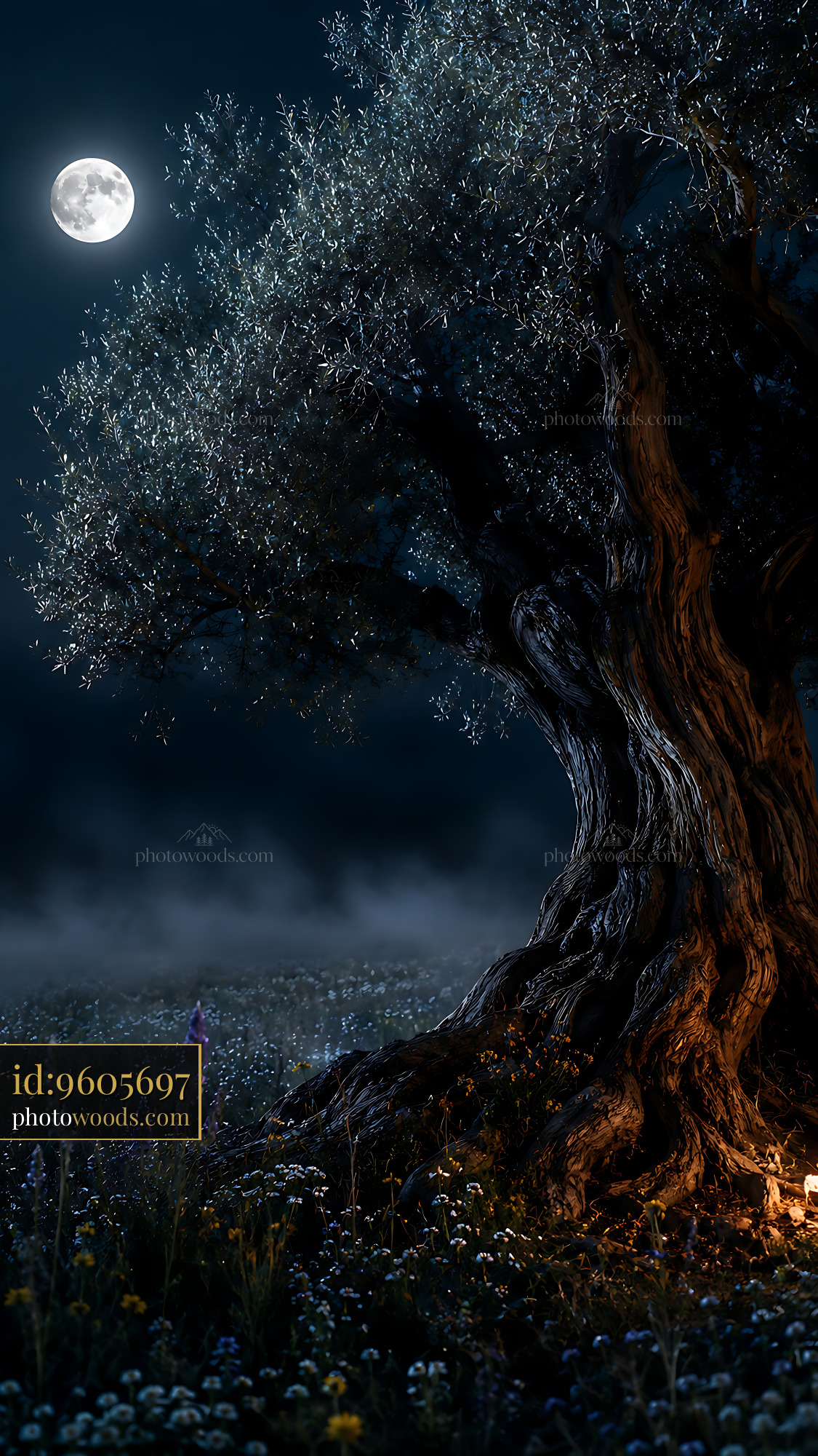 Old Tree Stands Under a Bright Moon in a Dark Field at Night