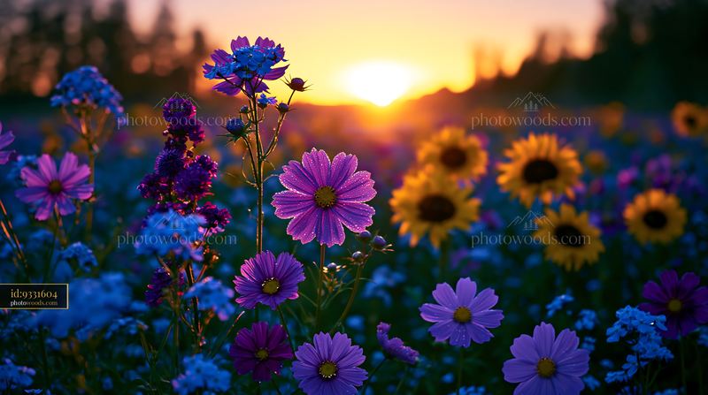 Colorful Flowers Bloom at Sunset in a Vibrant Field