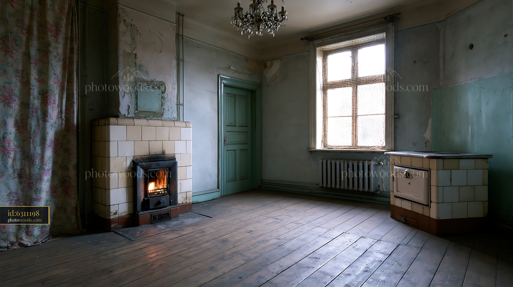 Abandoned Communal Flat Room With Fireplace in Empty Setting
