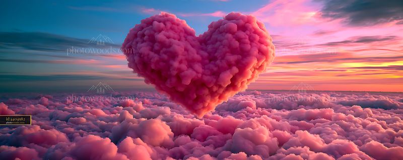 Heart-shaped pink cloud floating above a colorful cloudscape