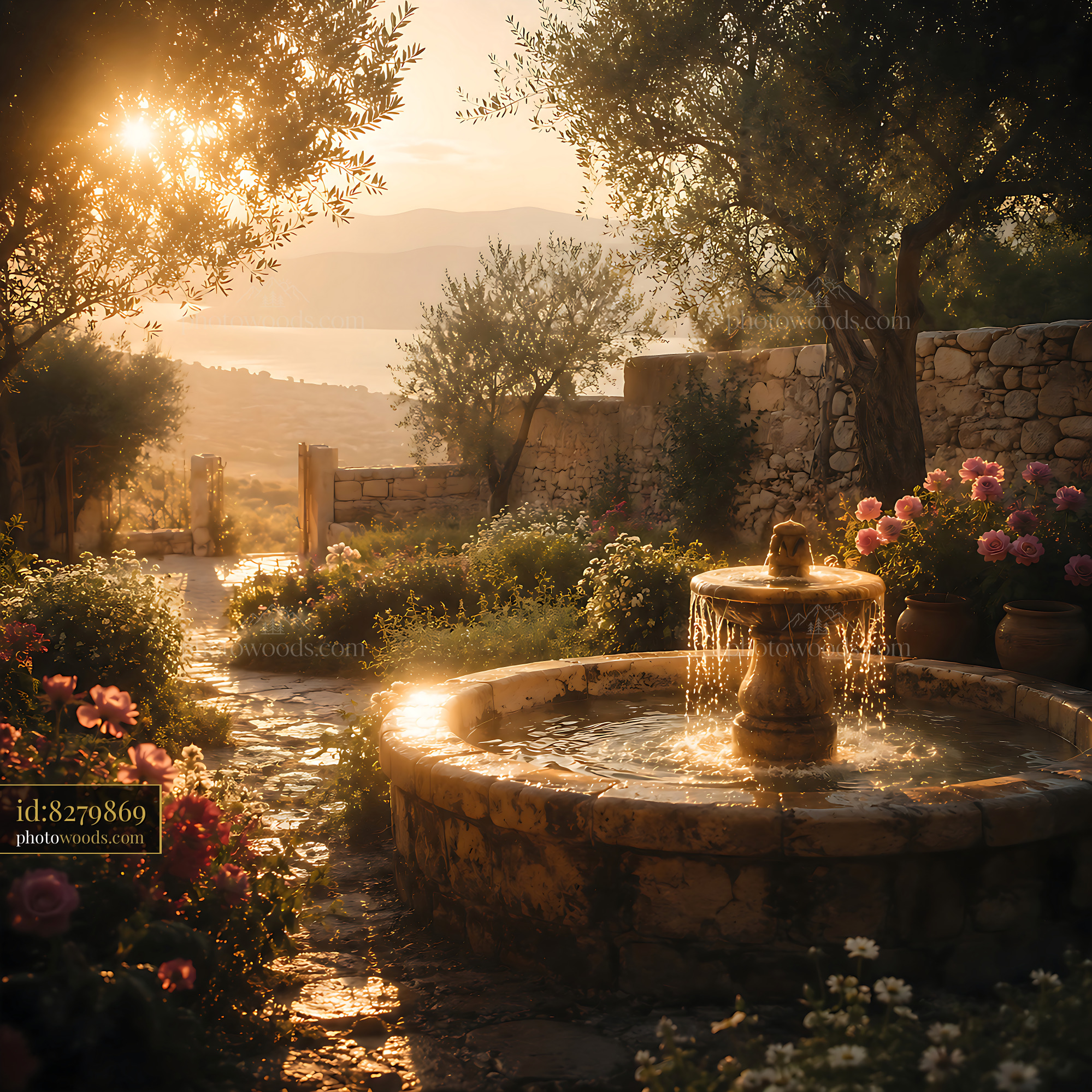 Fountain Surrounded by Flowers in Garden at Sunset Light