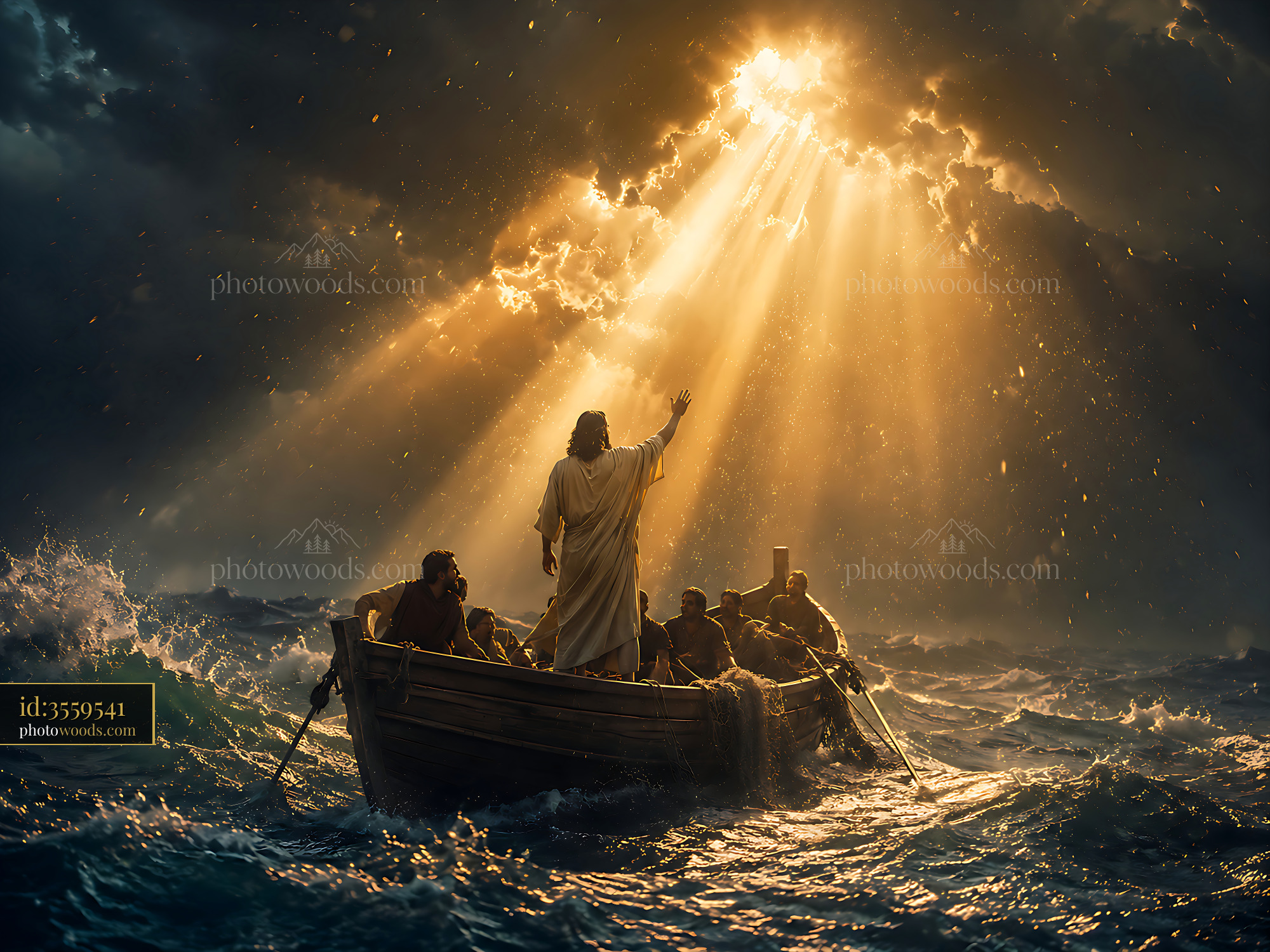 Jesus Stands in Boat as Storm Clouds Gather and Sunlight Breaks