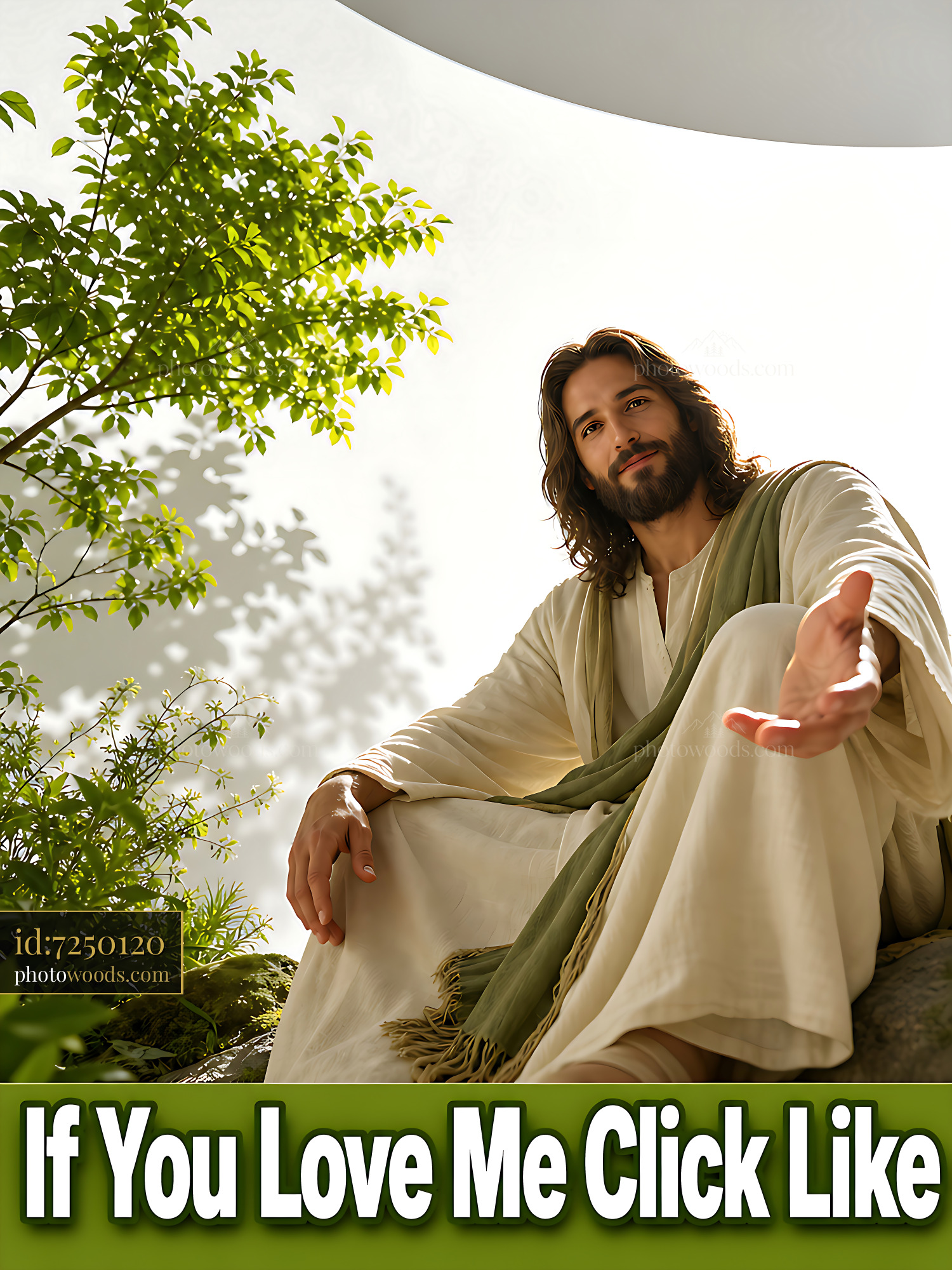 Jesus Sitting on Rock With Open Hands in Bright Garden Space