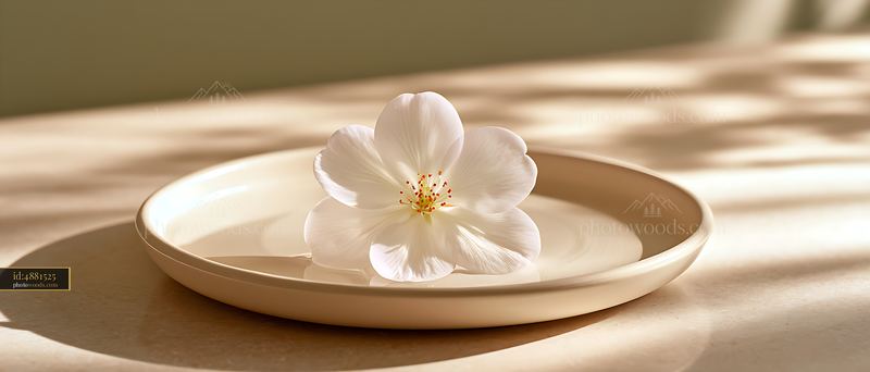 White flower floating in a shallow ceramic dish