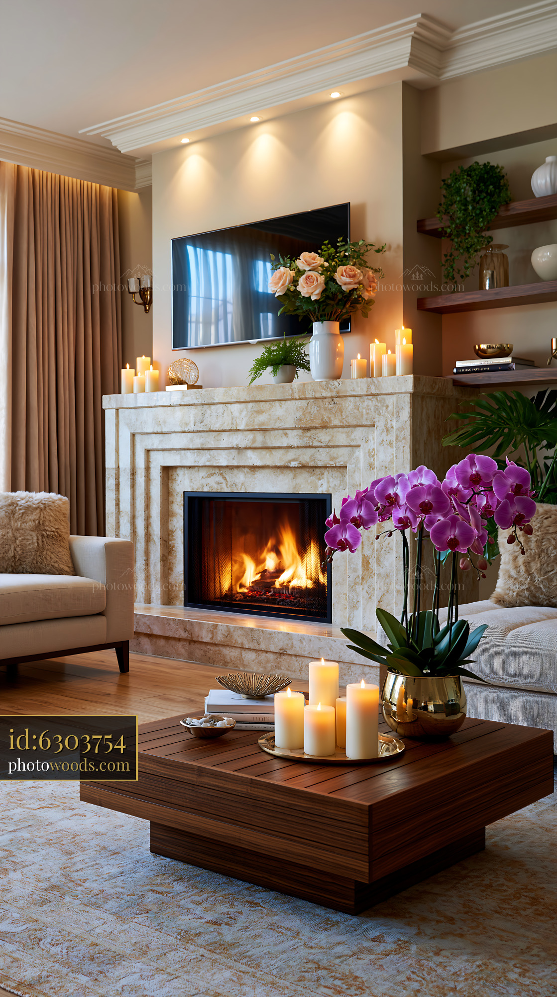 Modern Living Room With a Travertine Fireplace and Candles