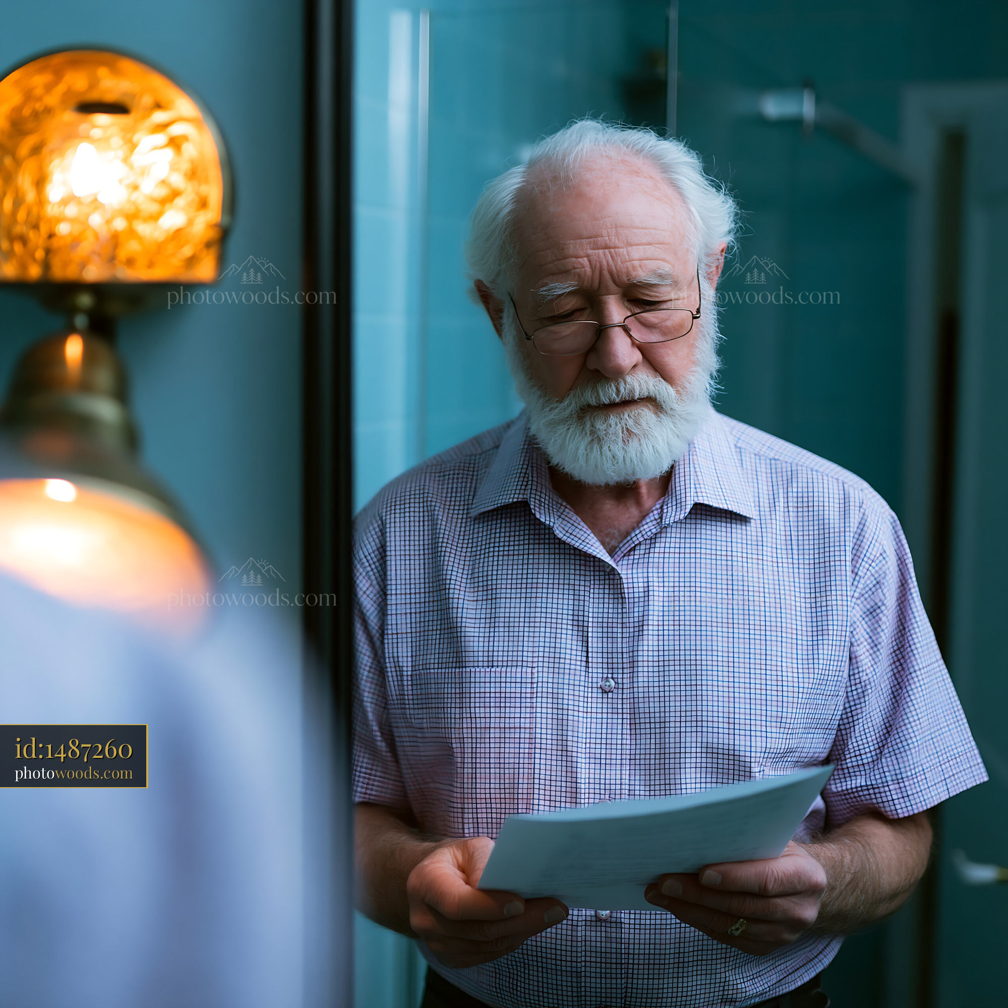 Retiree Reviewing Pension Documents in Bathroom Setting