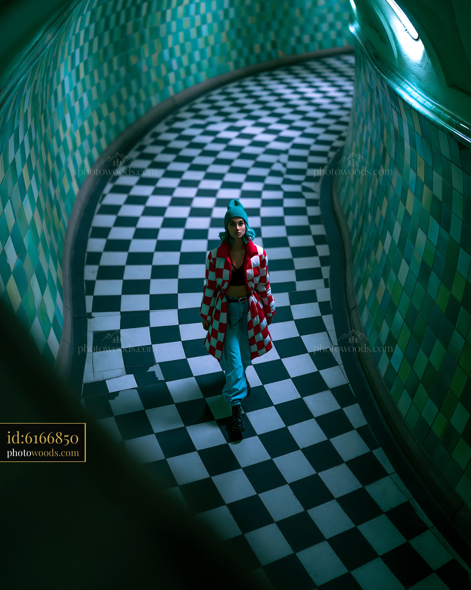 Woman in Red and White Checkered Jacket Walking in Tiled Corridor