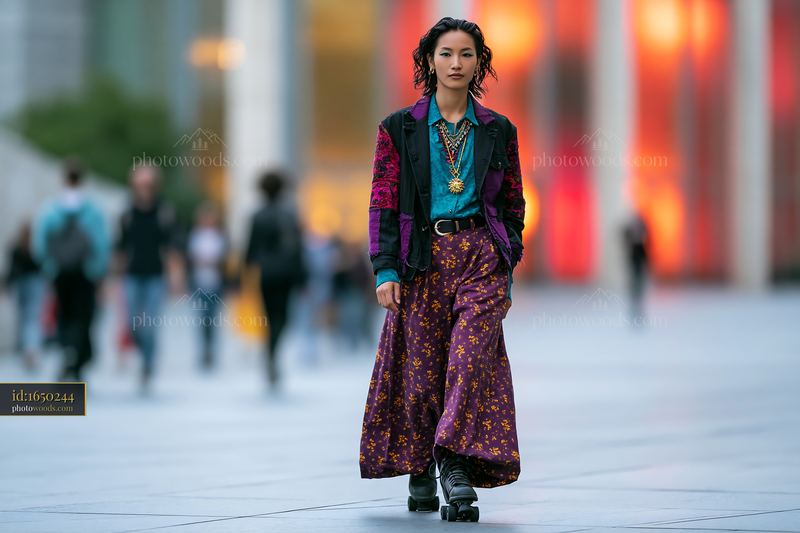 Androgynous Model in Deconstructed Patchwork Outfit in Urban Setting