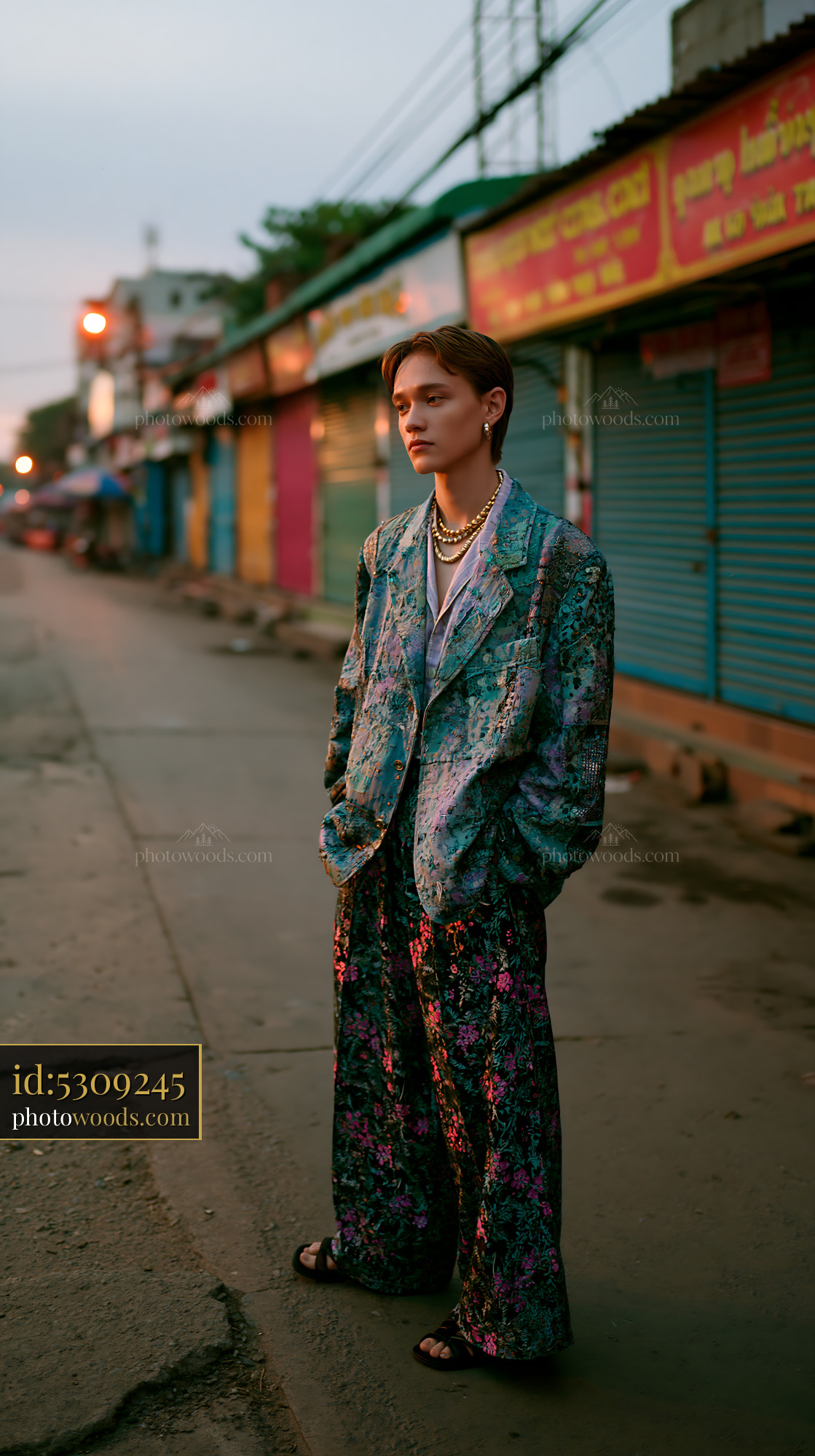 Androgynous Model in Patchwork Outfit on Empty Street at Dusk