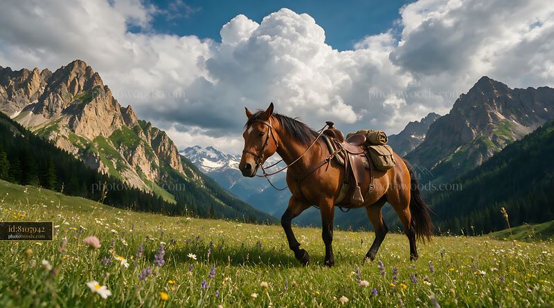 Horseback riding through a mountain meadow