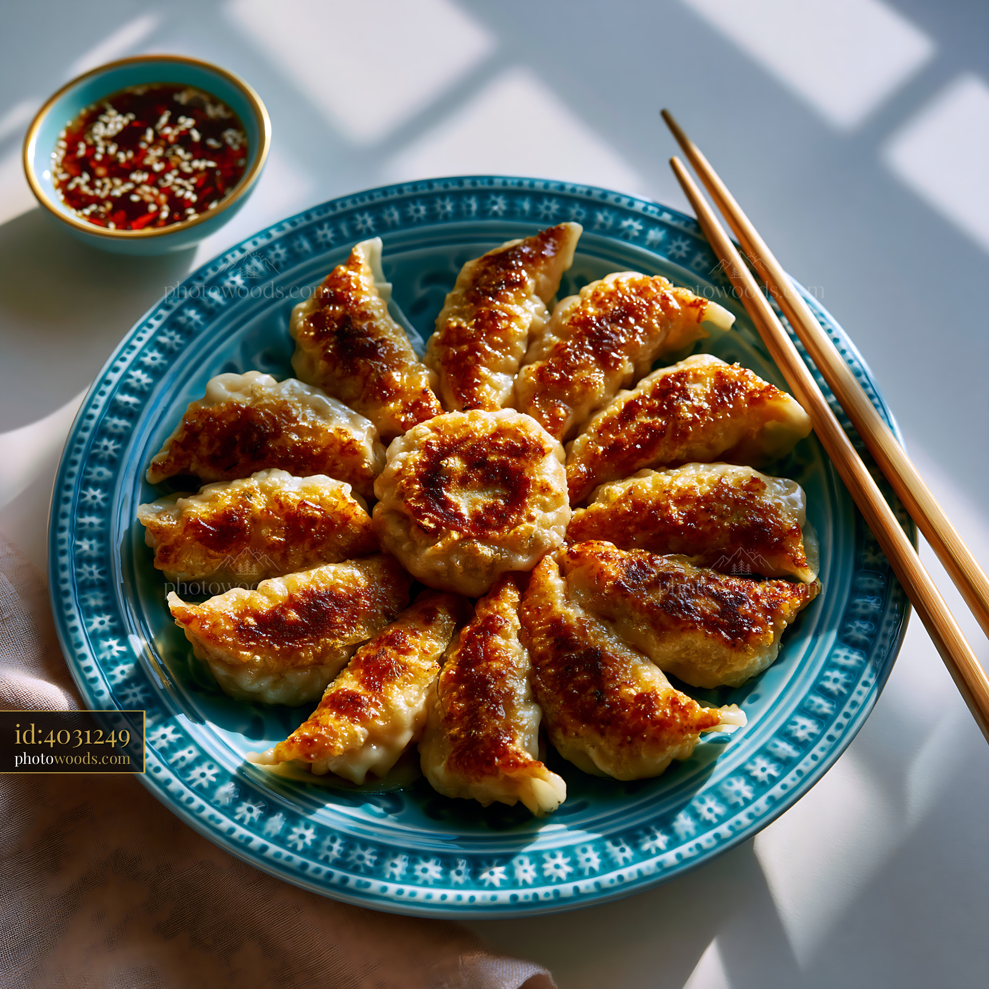Gyoza With Crispy Wings Served on a Blue Plate With Sauce