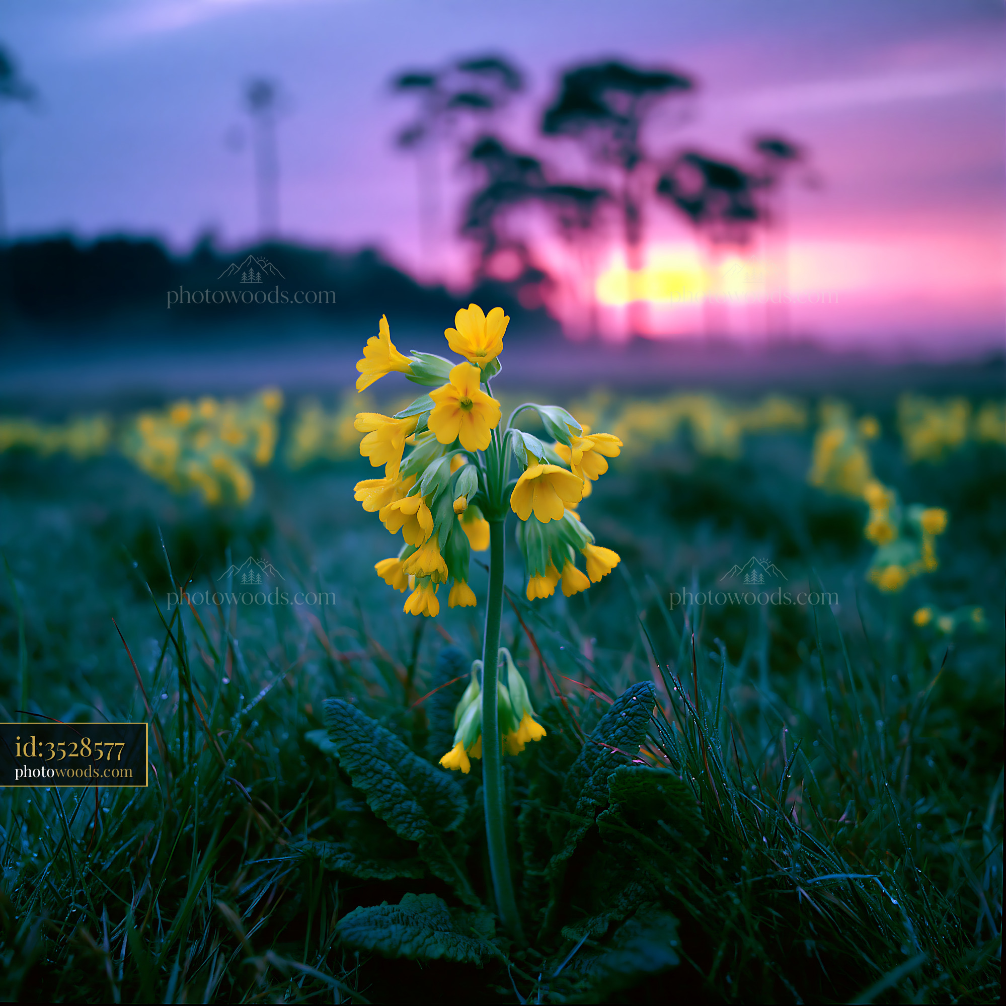 Cowslip Blooming in Meadow at Sunset With Soft Light