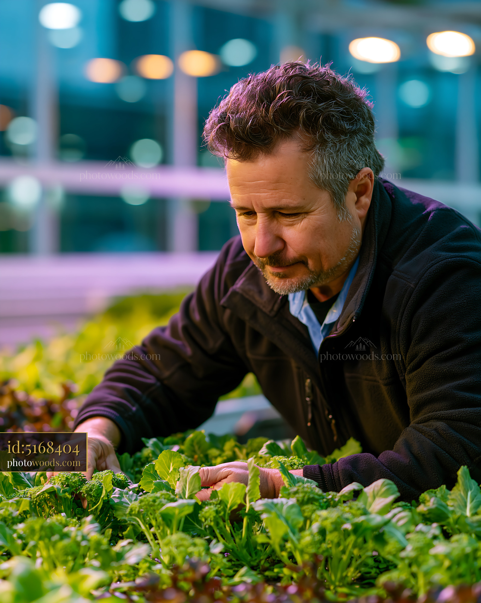 Gardener Tending to Green Lettuce Plants in Urban Greenhouse