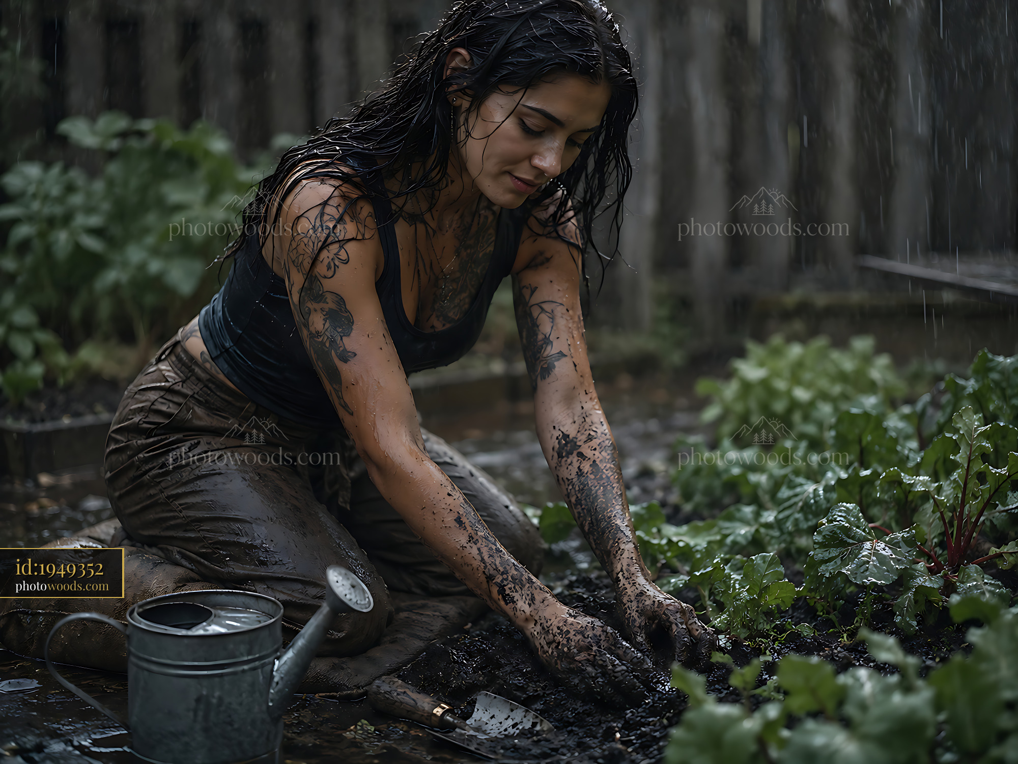 Woman Gardening in the Rain, Planting Seeds in Muddy Soil