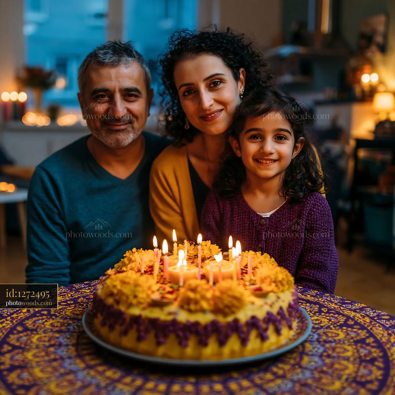 Family celebrating with a candlelit birthday cake at home