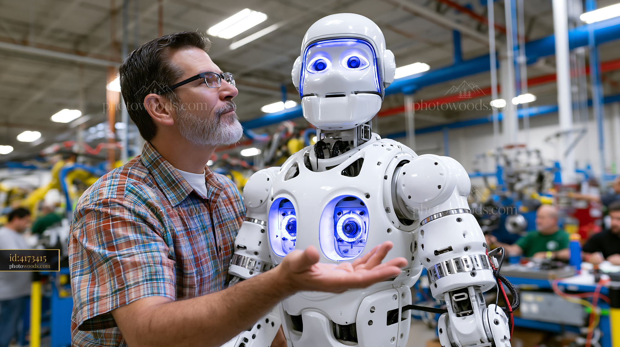Robot With Blue Lights and Engineer in Factory Setting