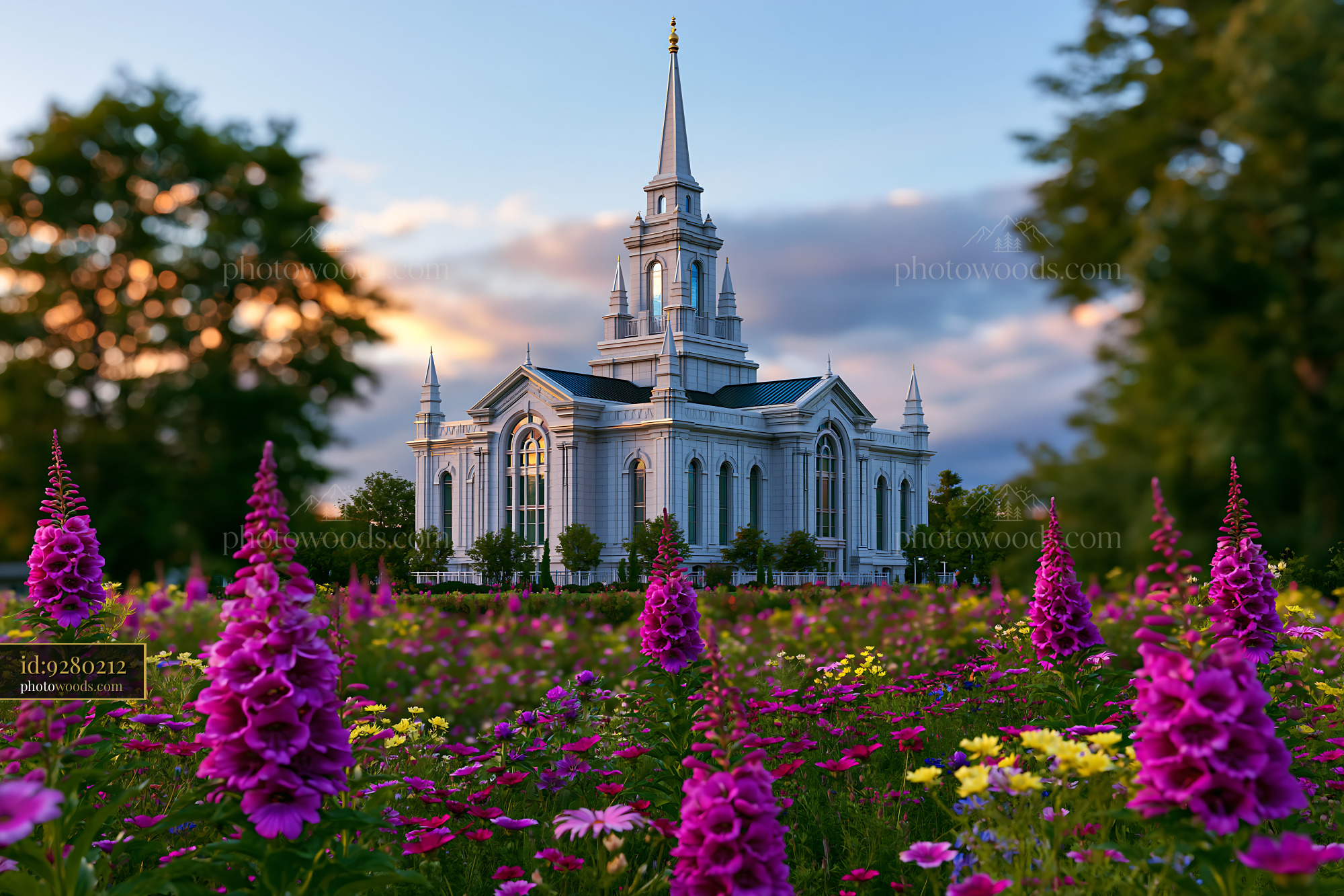 Beautiful Flowers in Front of Teton Church at Sunset in Wyoming