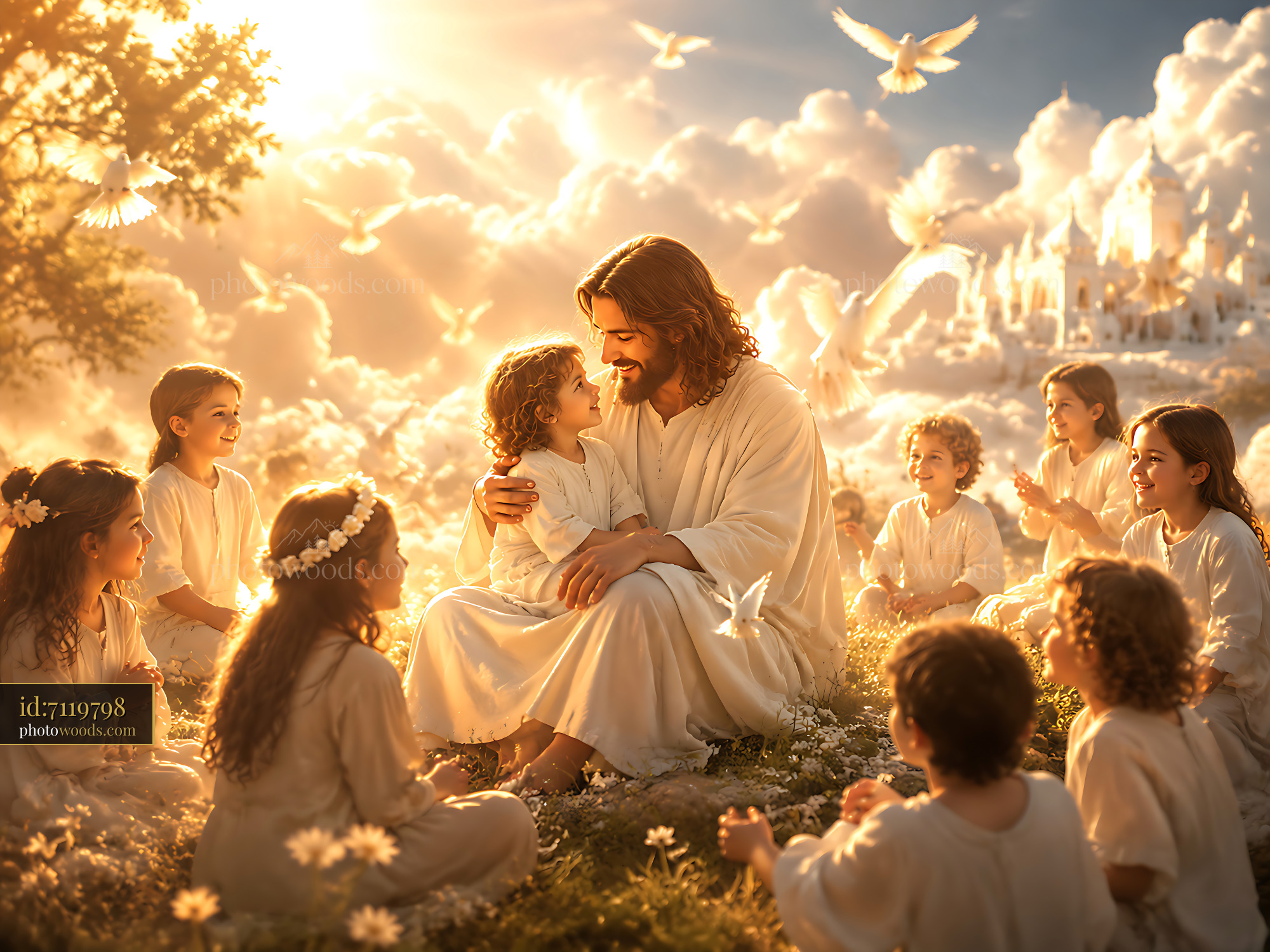 Jesus Smiles With Children and Doves in a Bright Landscape