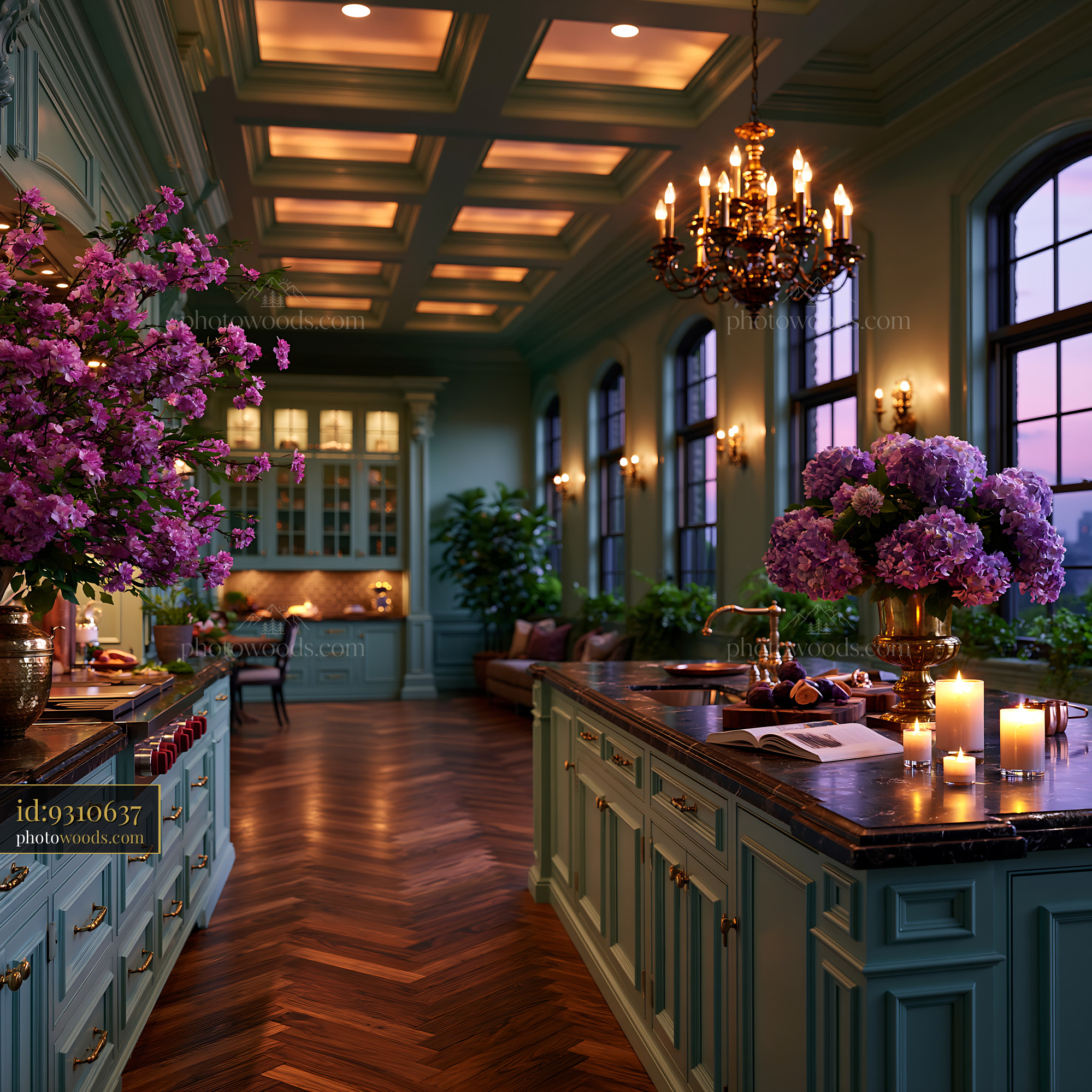 Classic Kitchen With Coffered Ceiling and Vibrant Flowers