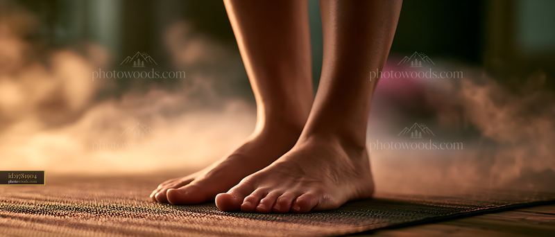 Bare feet standing on a textured exercise mat