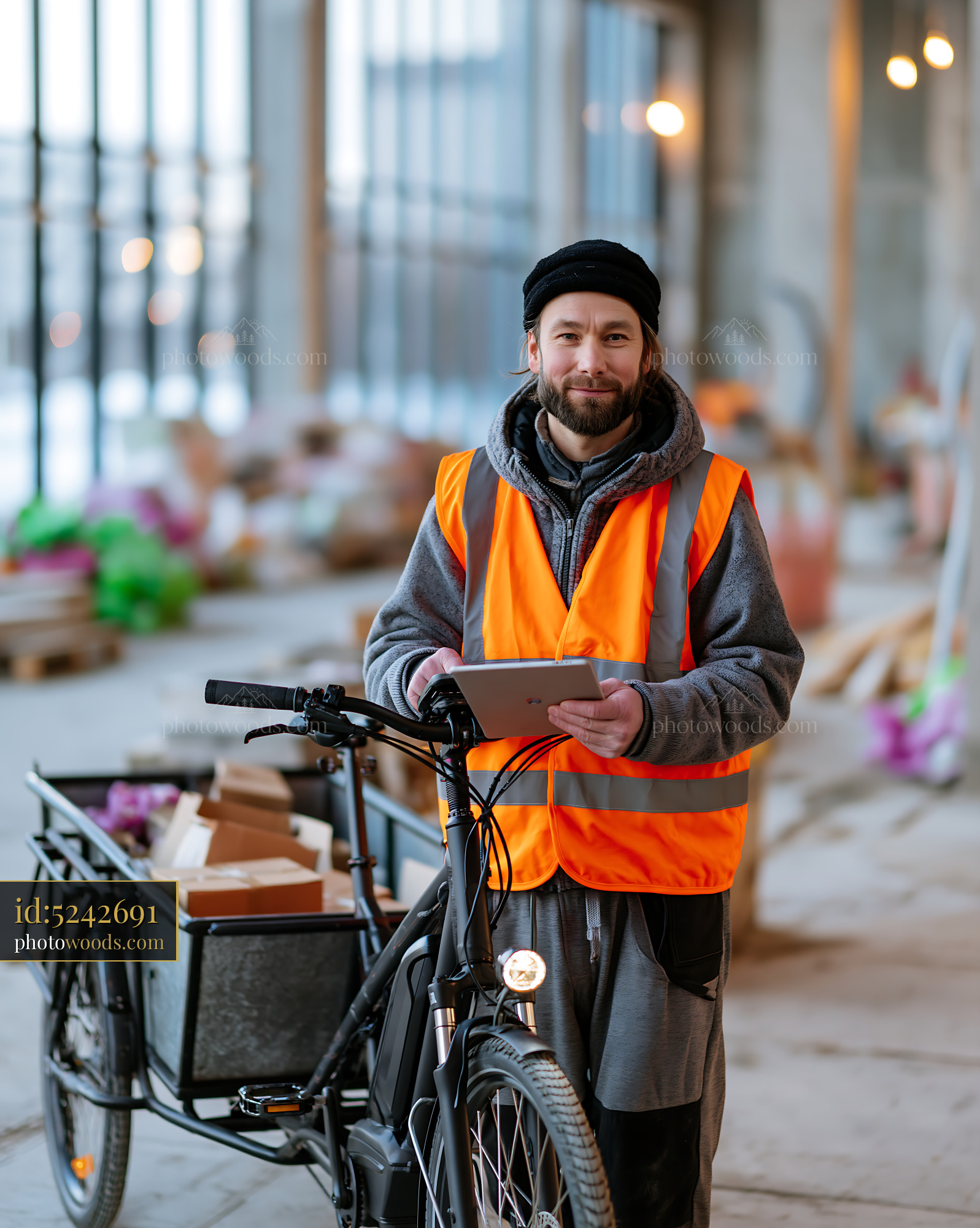 Cargo Bike Courier Wearing Winter Clothing in Warehouse Setting