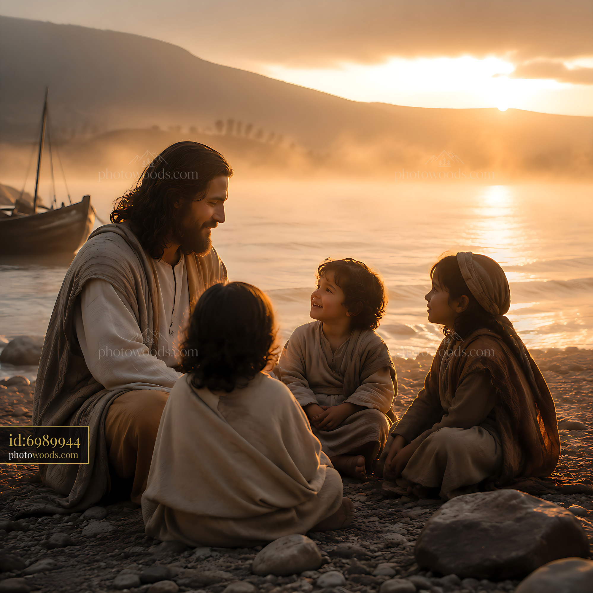 Jesus Teaching Children by the Water During Sunset Near a Boat