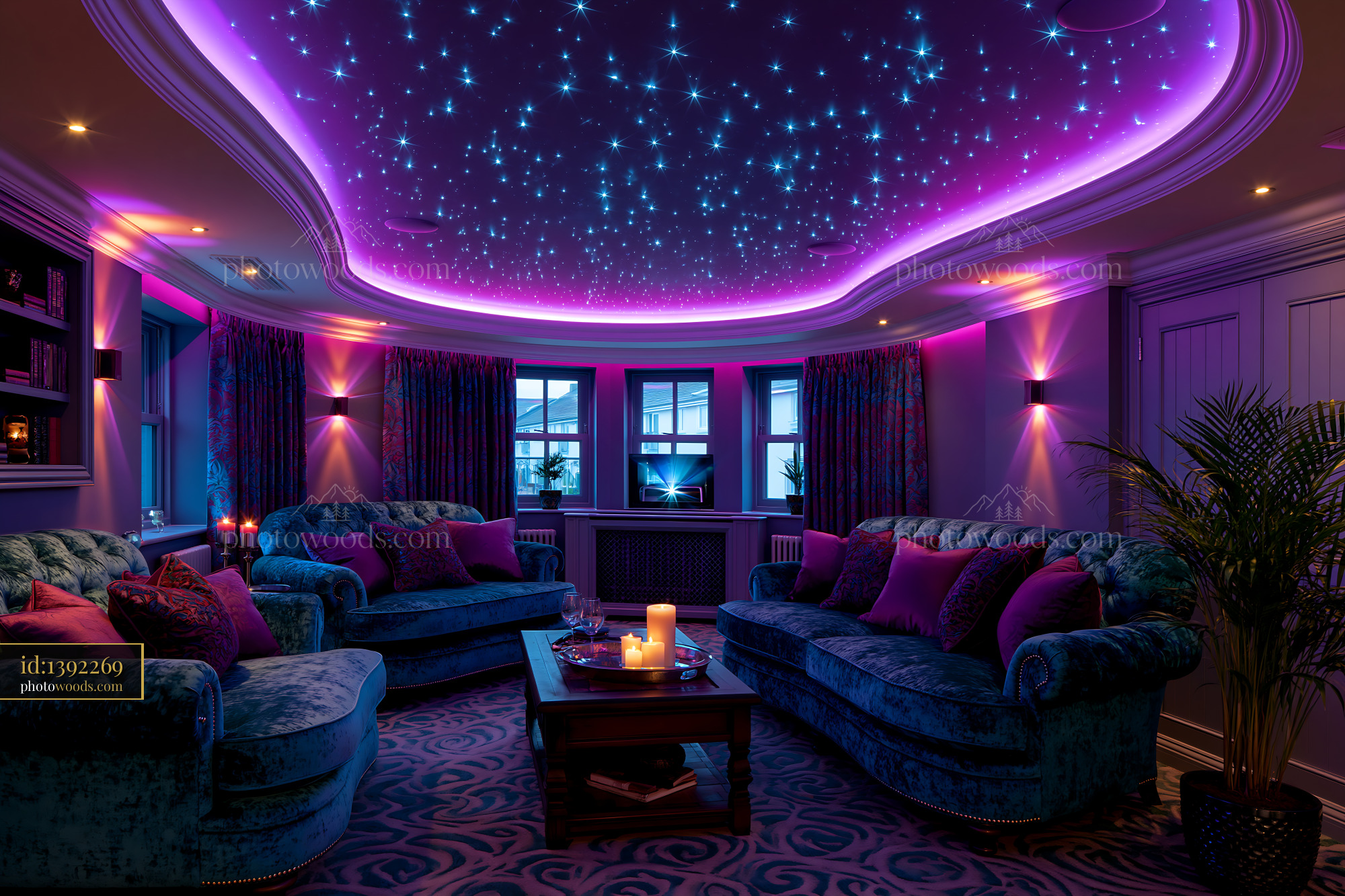 Futuristic Basement Theater With LED Lighting and Cozy Seating