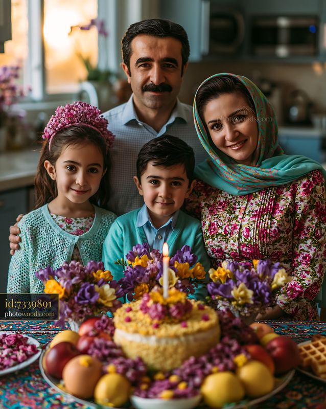 Family Celebrating Nowruz at a Decorated Table With Cake and Flowers