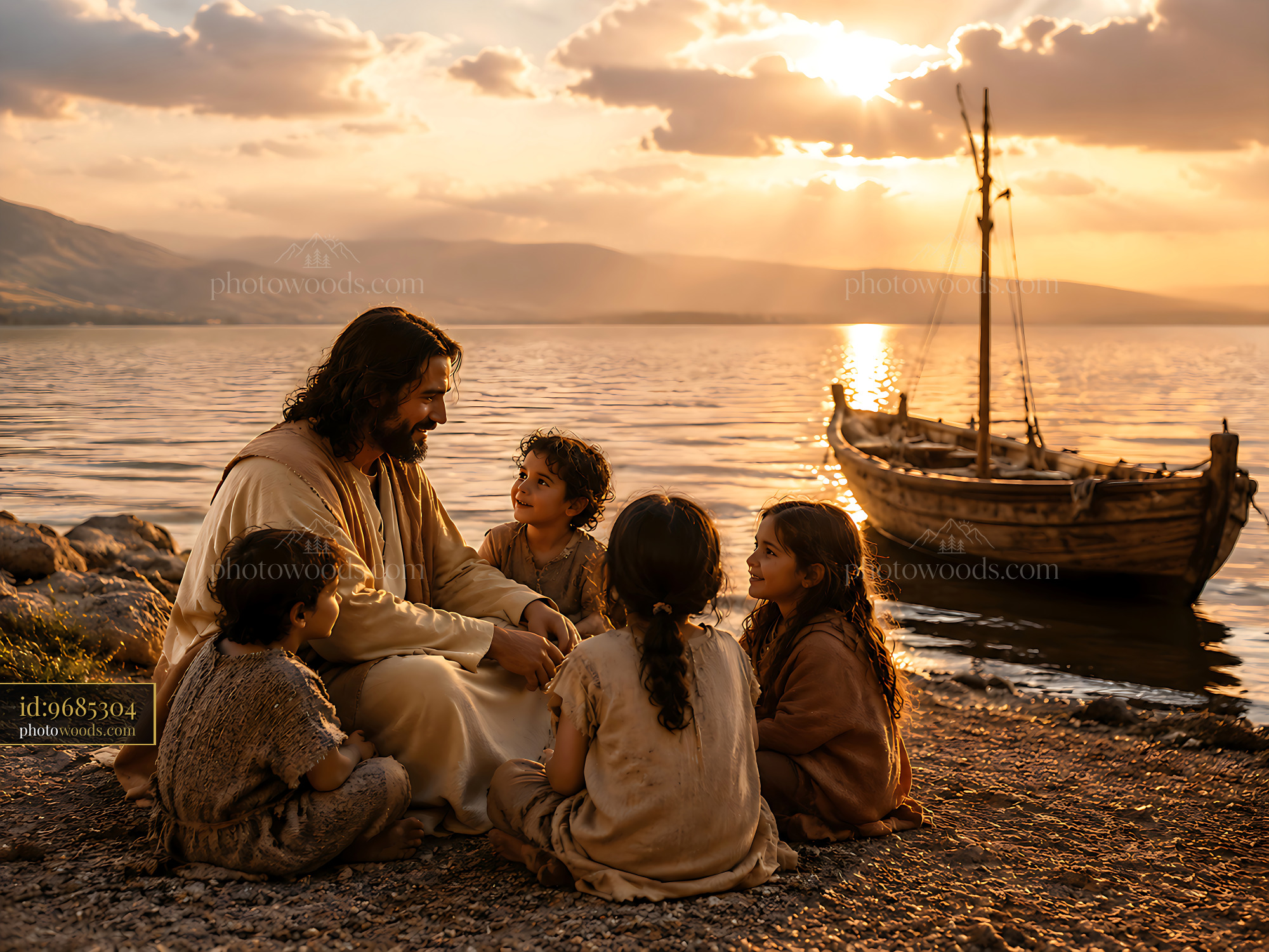 Man Teaches Children by the Water at Sunset With a Boat Nearby