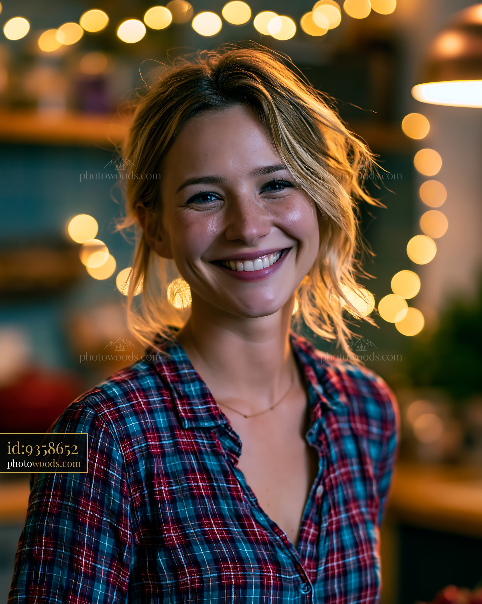 Smiling Woman With Blonde Hair in Cozy Kitchen With Lights