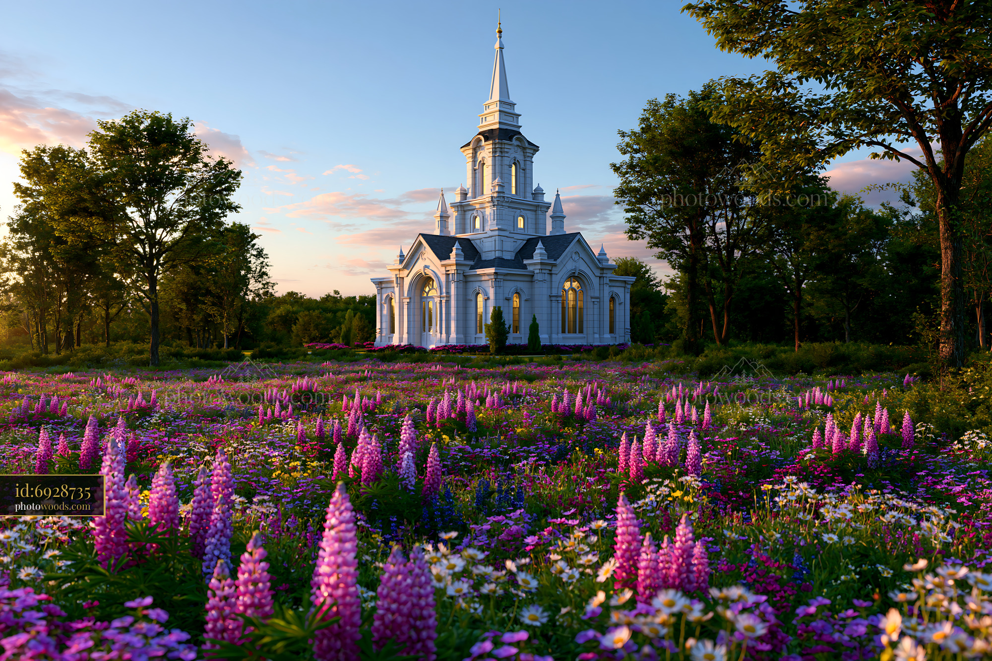 Charming Church Surrounded by Colorful Flowers in Springtime