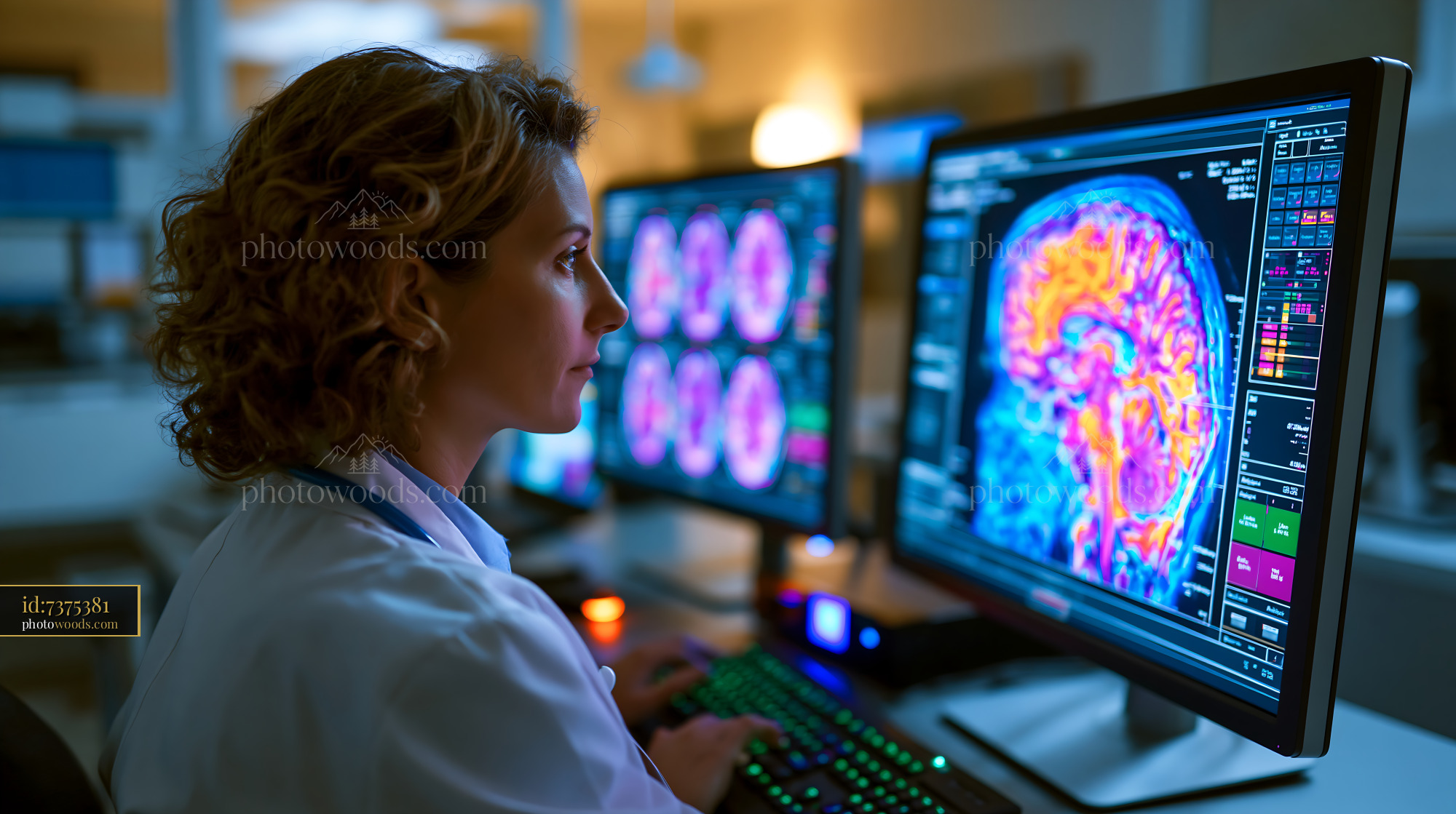 Radiologist Reviewing AI-assisted Brain Scan in a Medical Setting