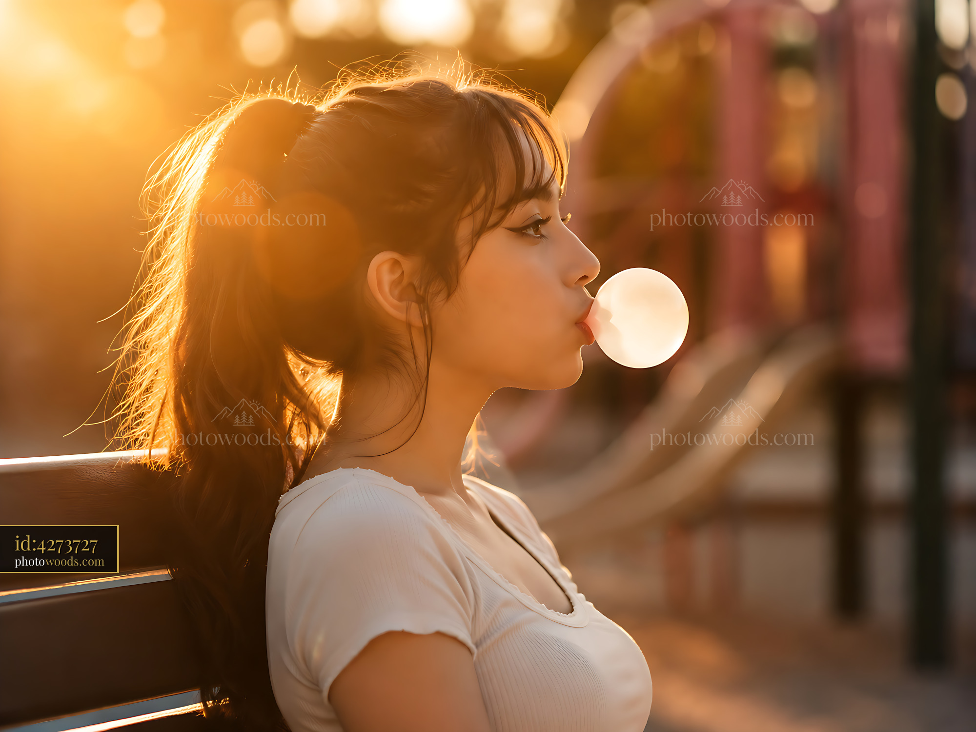 Young Woman Chewing Gum While Sitting on Bench at Sunset