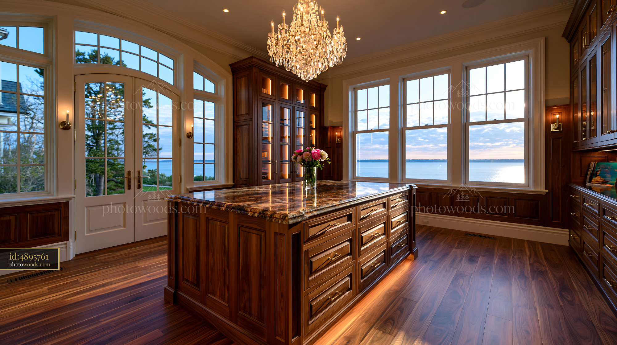 Kitchen Interior With Island and Lake View in Golden Hour