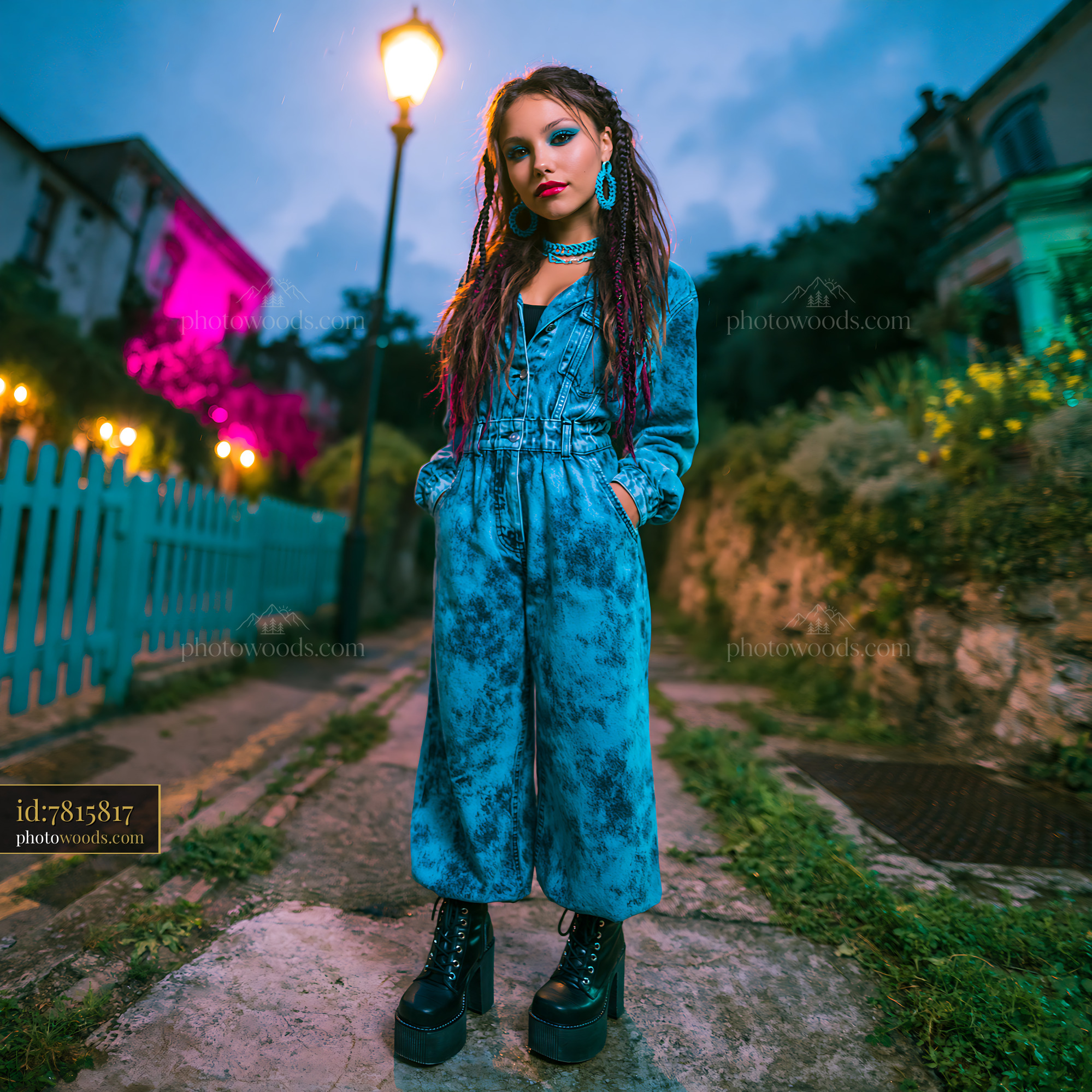 Model With Braided Hair Wearing Acid Wash Outfit at Night