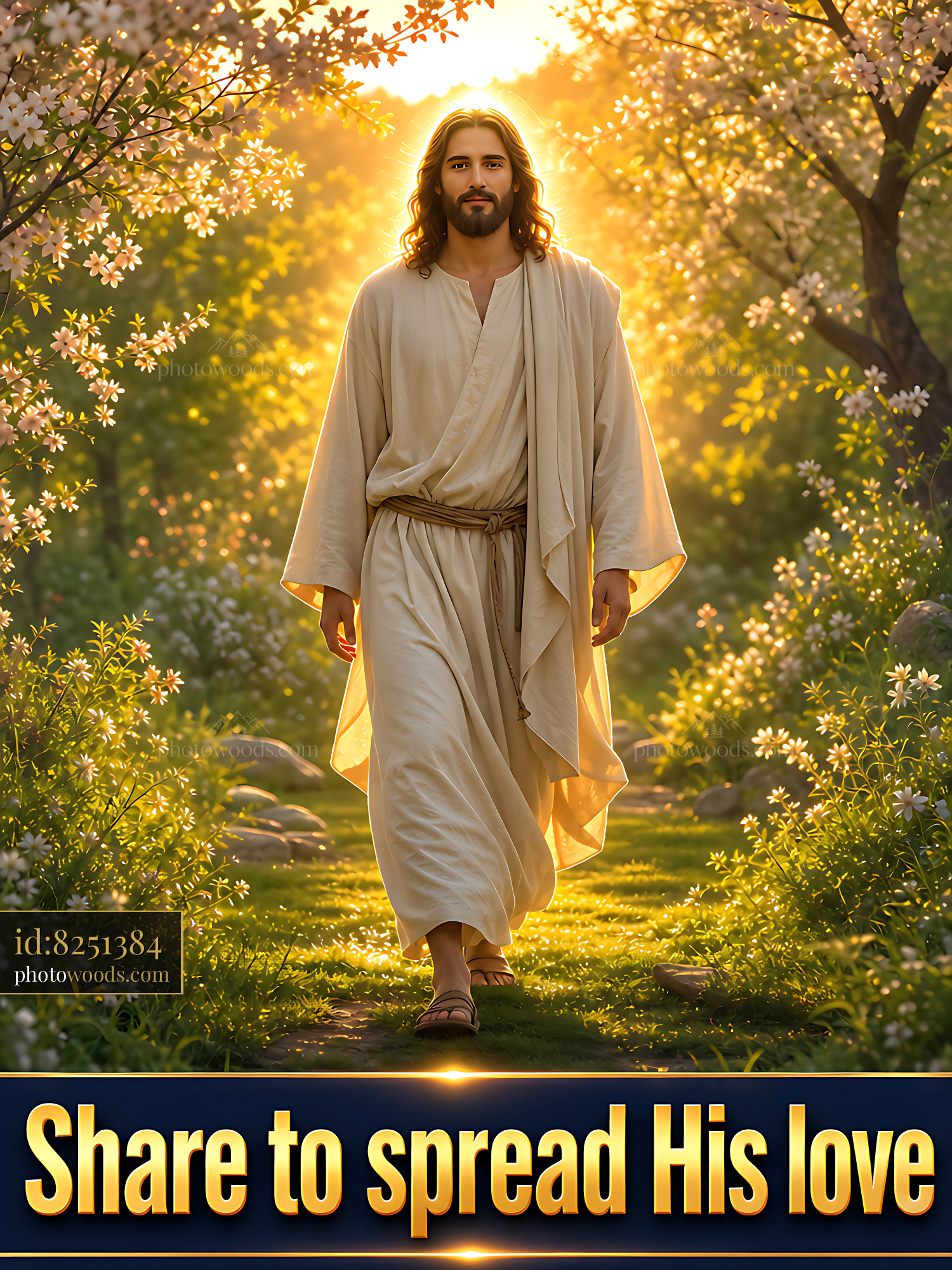 Jesus Walking in a Garden Filled With Blooming Flowers and Sunlight