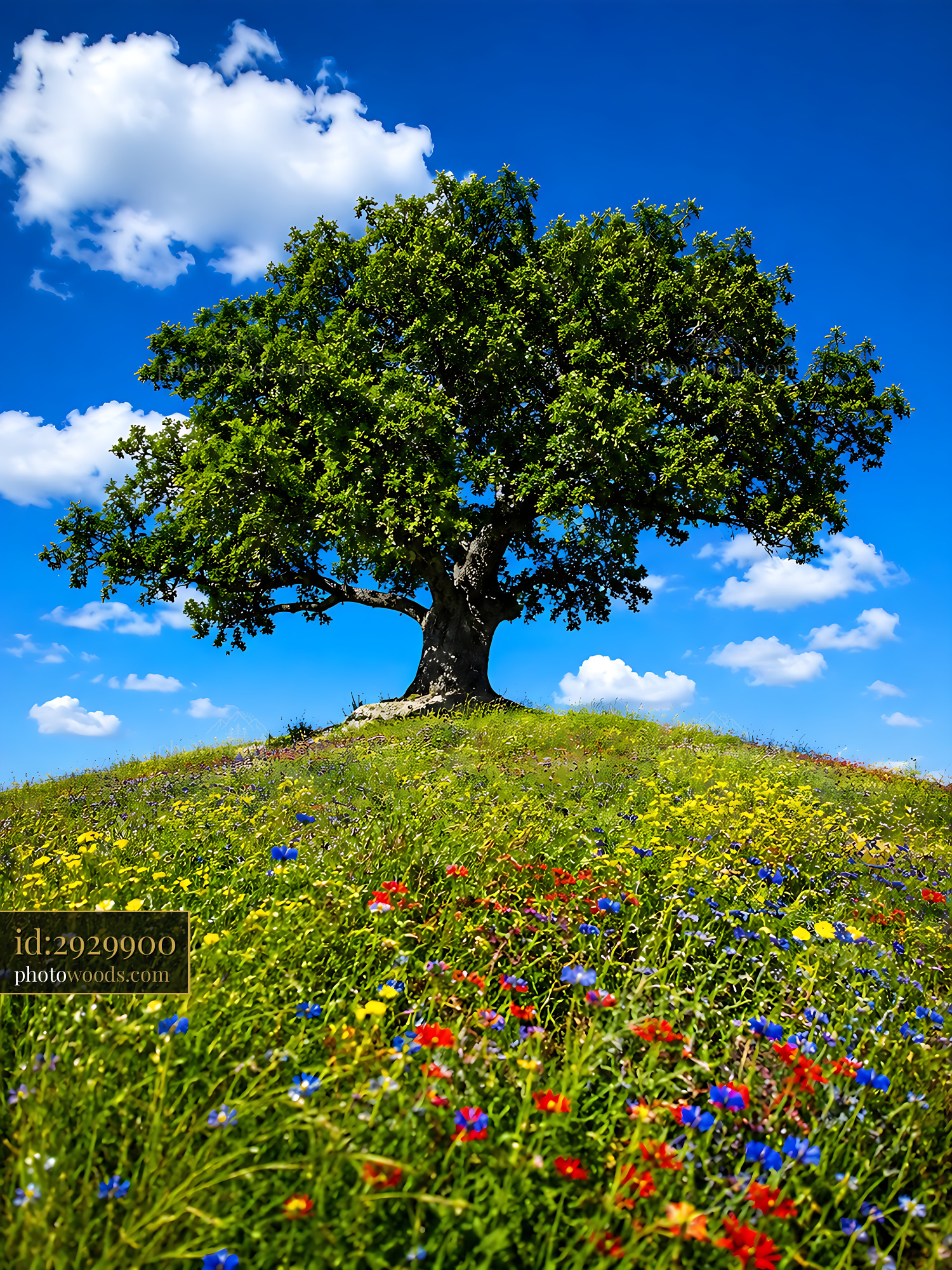 Tree Stands Tall Above Vibrant Wildflowers Under Blue Sky