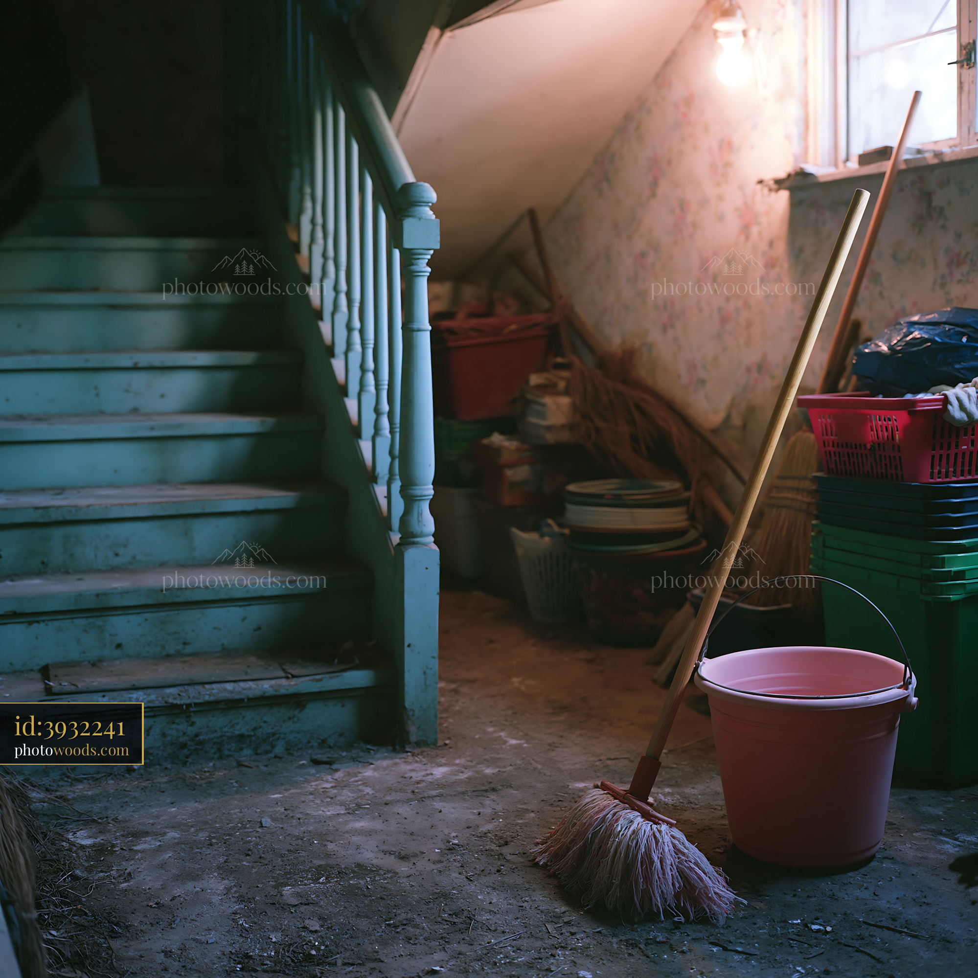 Cluttered Storage Room Under the Stairs With Cleaning Supplies